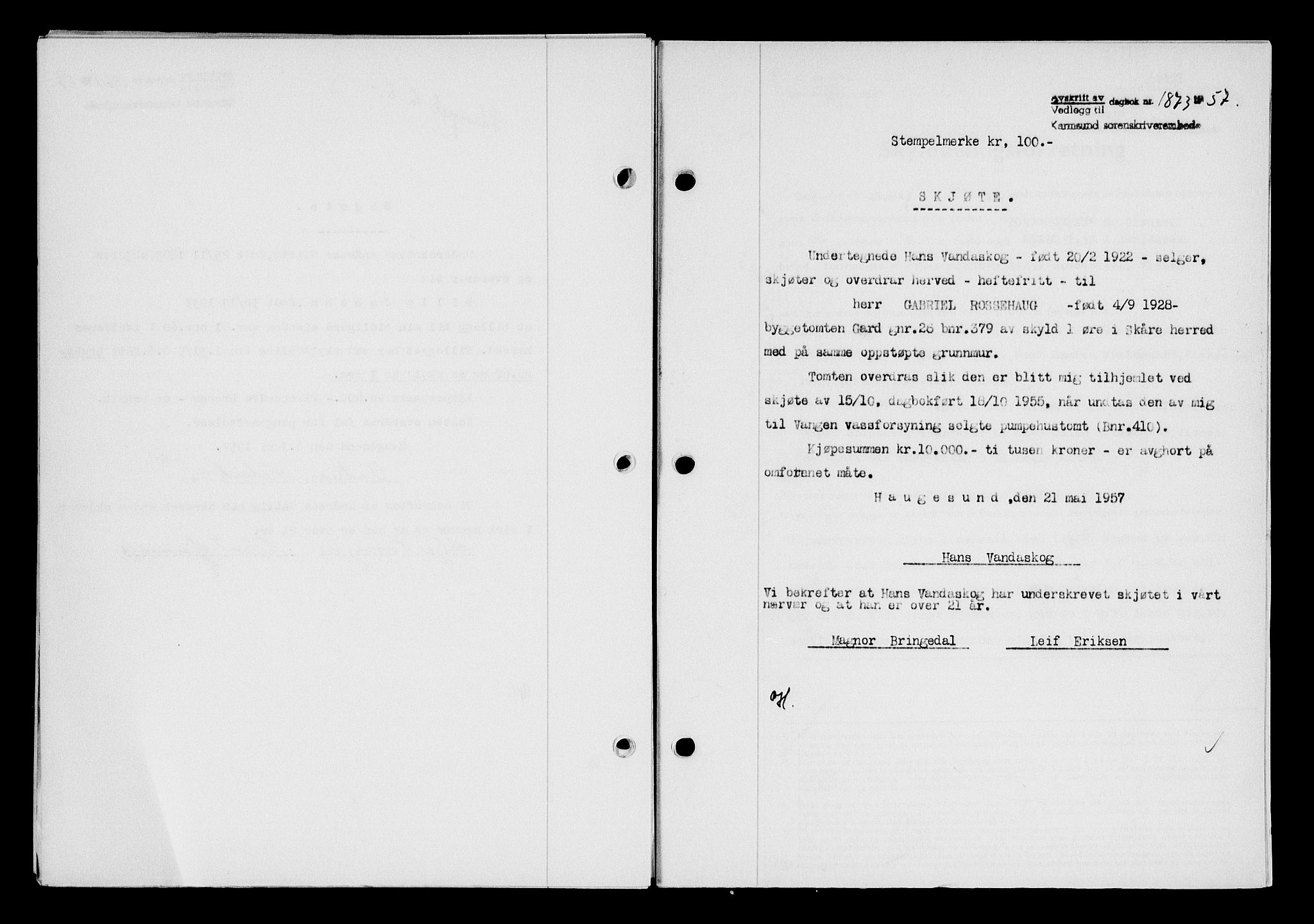 Karmsund sorenskriveri, AV/SAST-A-100311/01/II/IIB/L0125: Mortgage book no. 105A, 1957-1957, Diary no: : 1873/1957