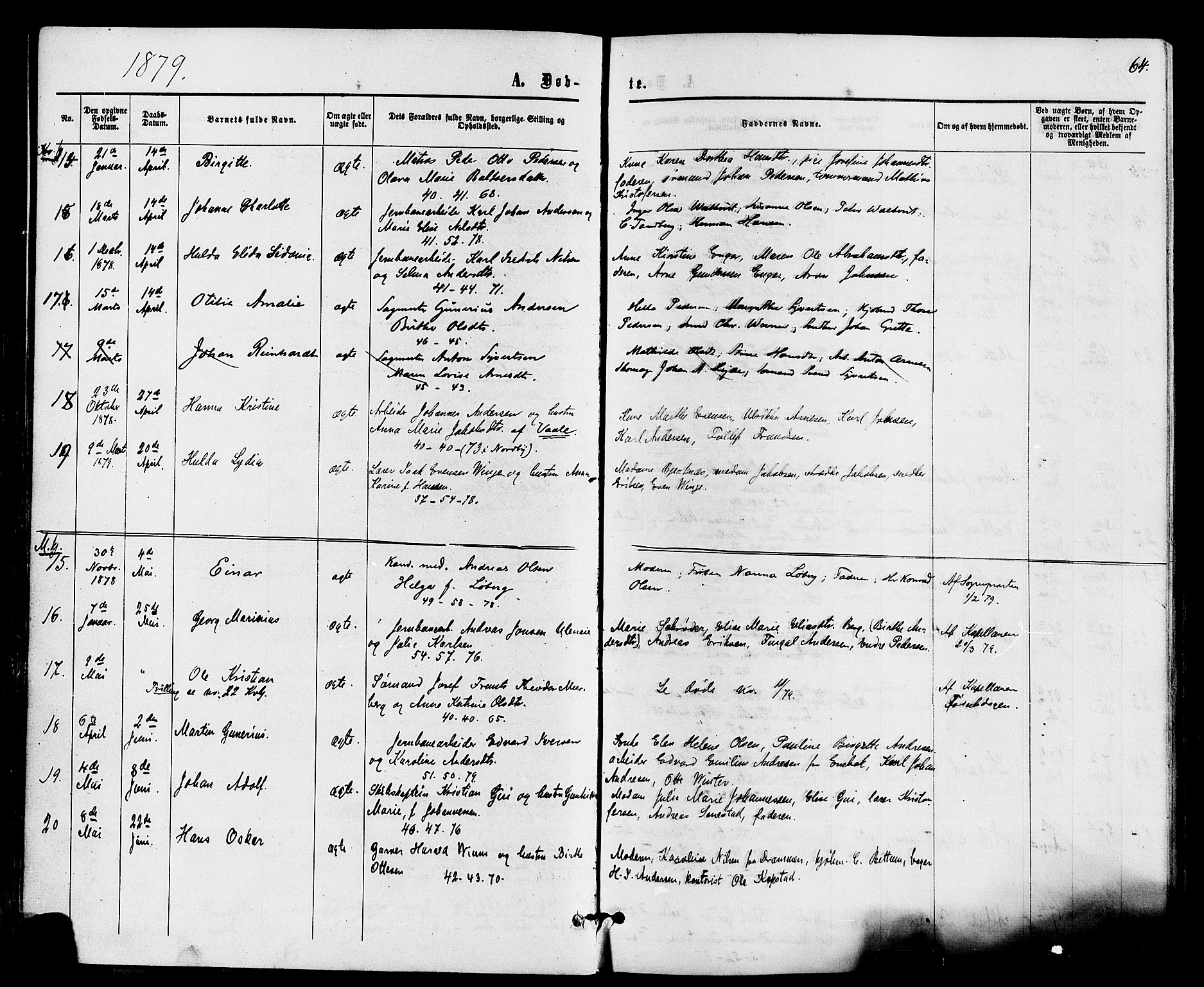 Holmestrand kirkebøker, SAKO/A-346/F/Fa/L0003: Parish register (official) no. 3, 1867-1879, p. 64