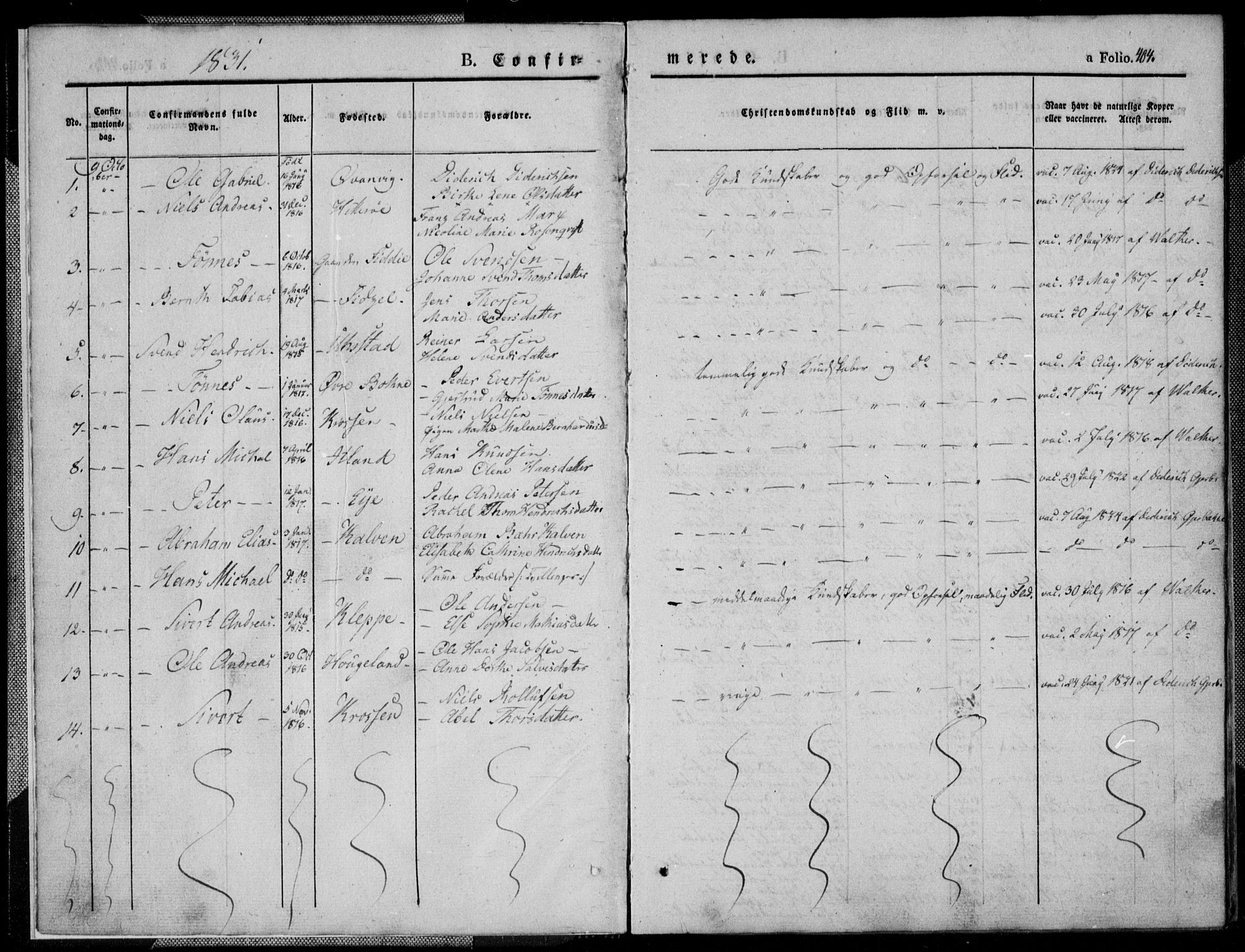 Flekkefjord sokneprestkontor, SAK/1111-0012/F/Fb/Fbb/L0002: Parish register (copy) no. B 2b, 1831-1866, p. 404
