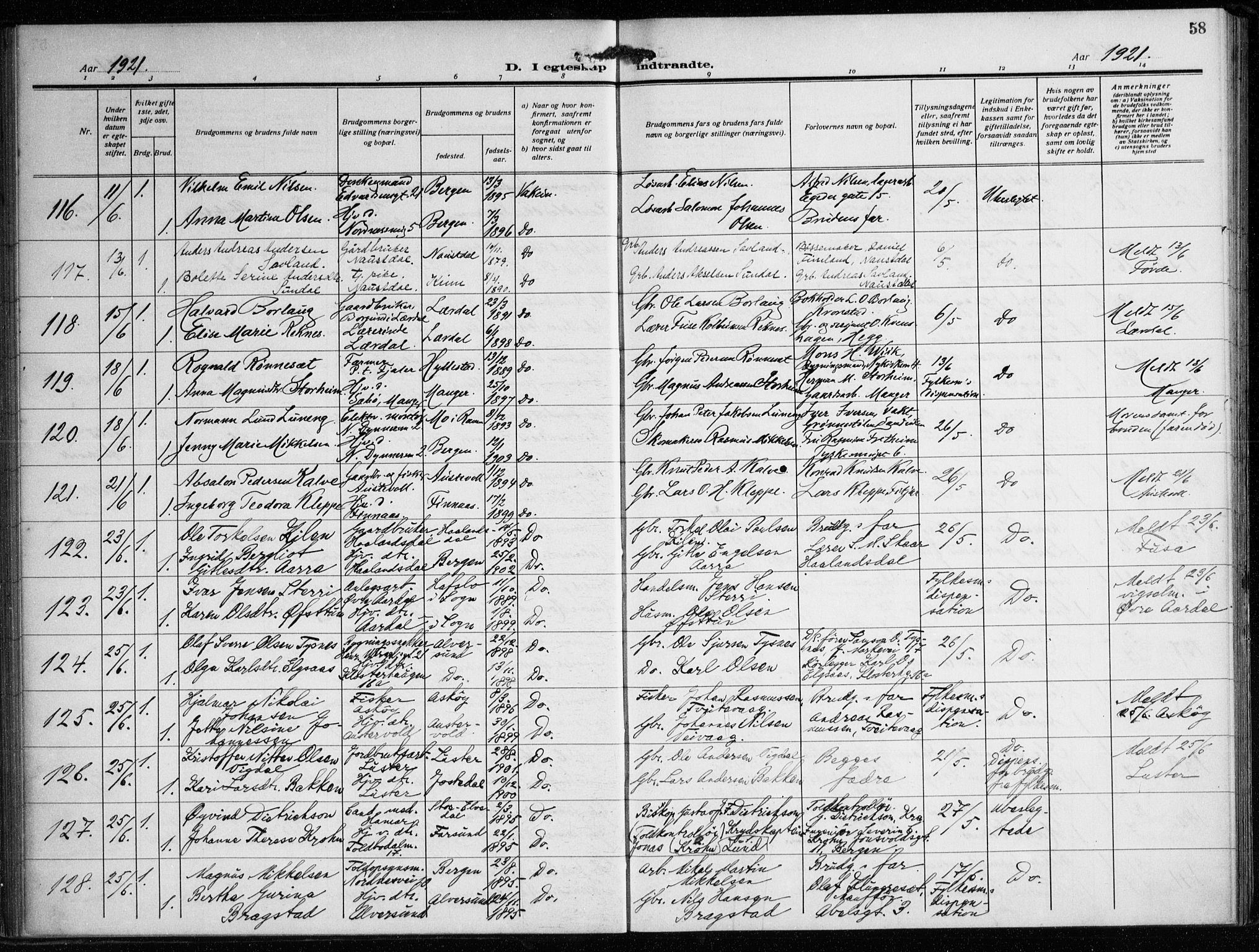 Nykirken Sokneprestembete, AV/SAB-A-77101/H/Haa/L0037: Parish register (official) no. D 7, 1918-1926, p. 58