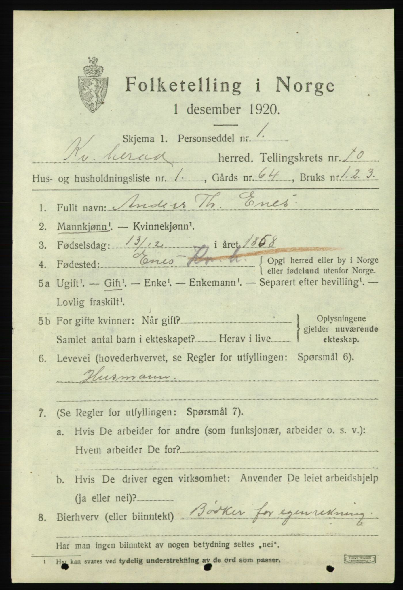 SAB, 1920 census for Kvinnherad, 1920, p. 6898