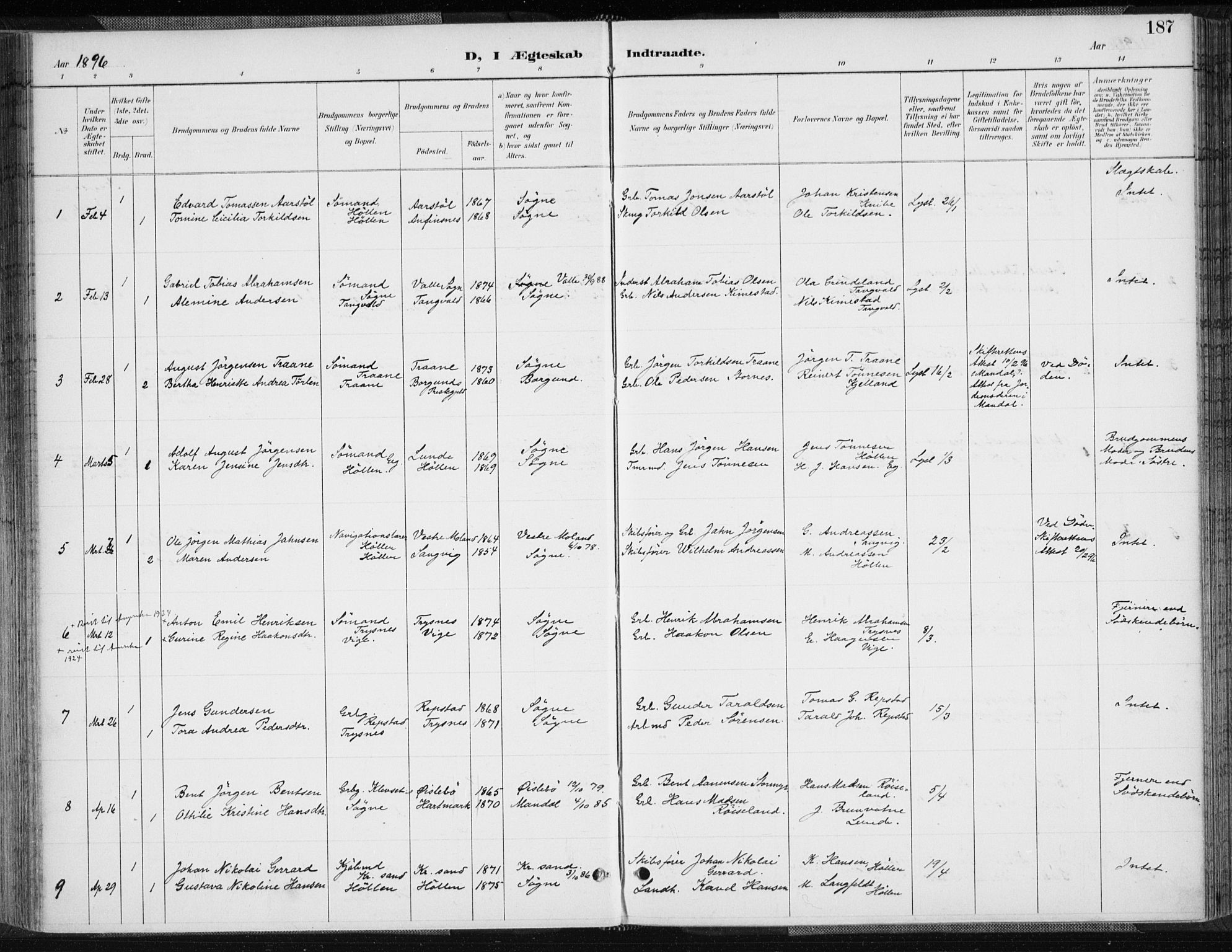 Søgne sokneprestkontor, SAK/1111-0037/F/Fa/Fab/L0013: Parish register (official) no. A 13, 1892-1911, p. 187