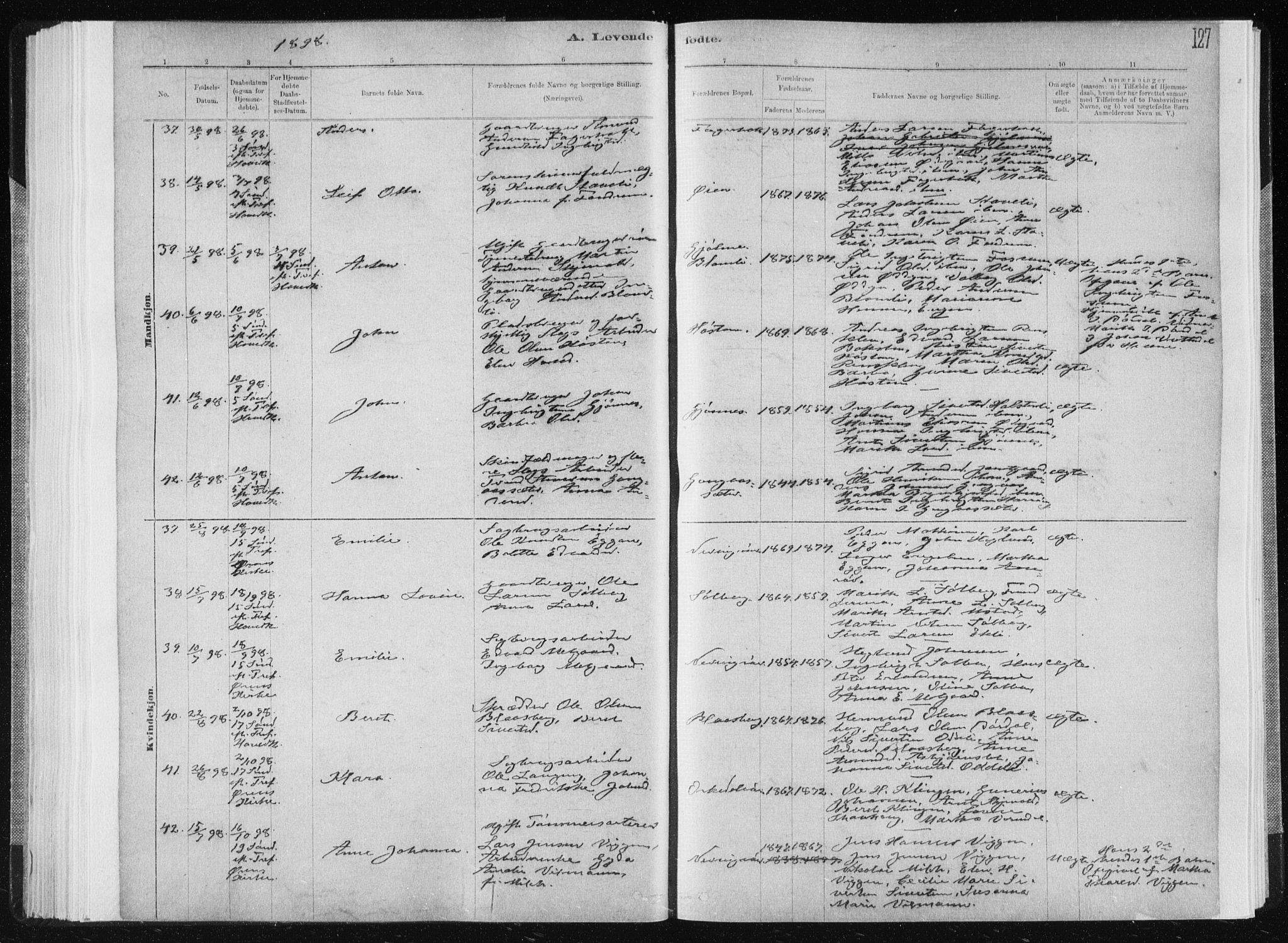 Ministerialprotokoller, klokkerbøker og fødselsregistre - Sør-Trøndelag, AV/SAT-A-1456/668/L0818: Parish register (copy) no. 668C07, 1885-1898, p. 127