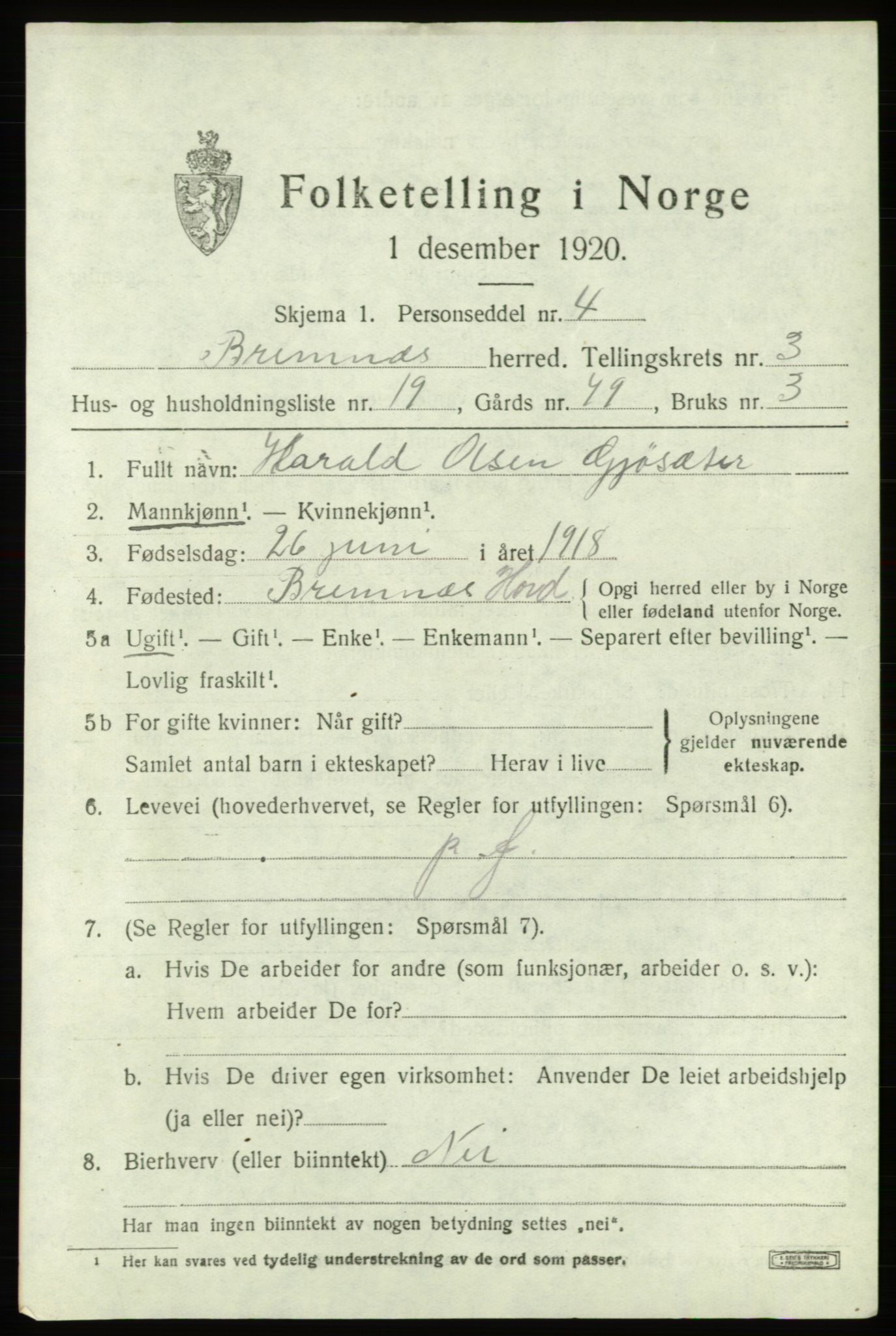 SAB, 1920 census for Bremnes, 1920, p. 1794