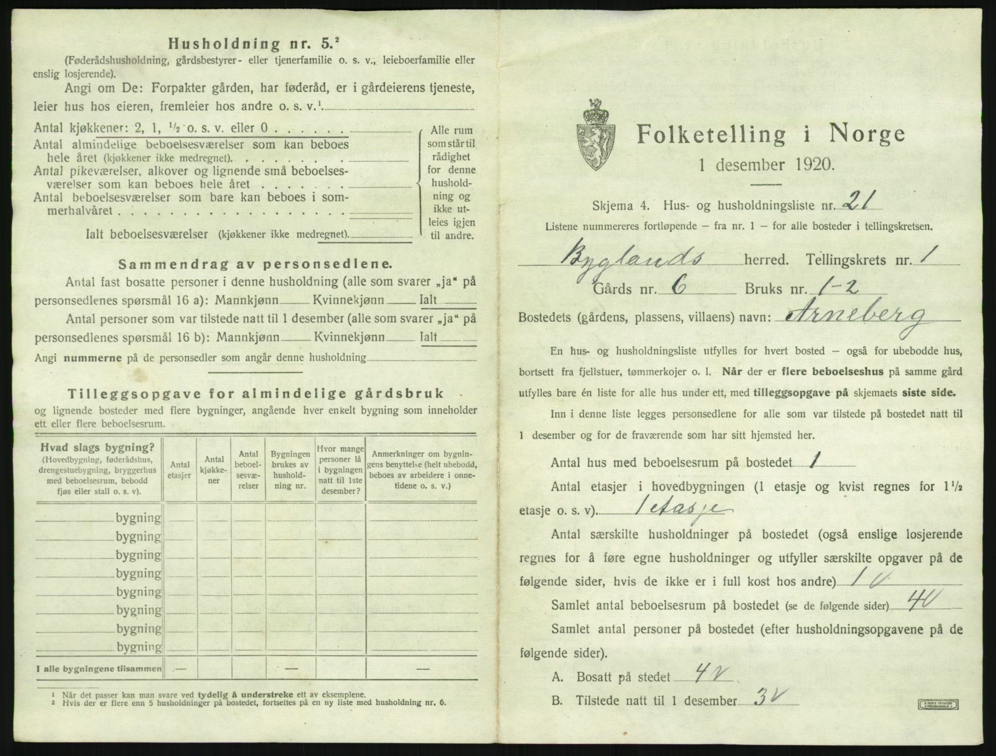 SAK, 1920 census for Bygland, 1920, p. 101