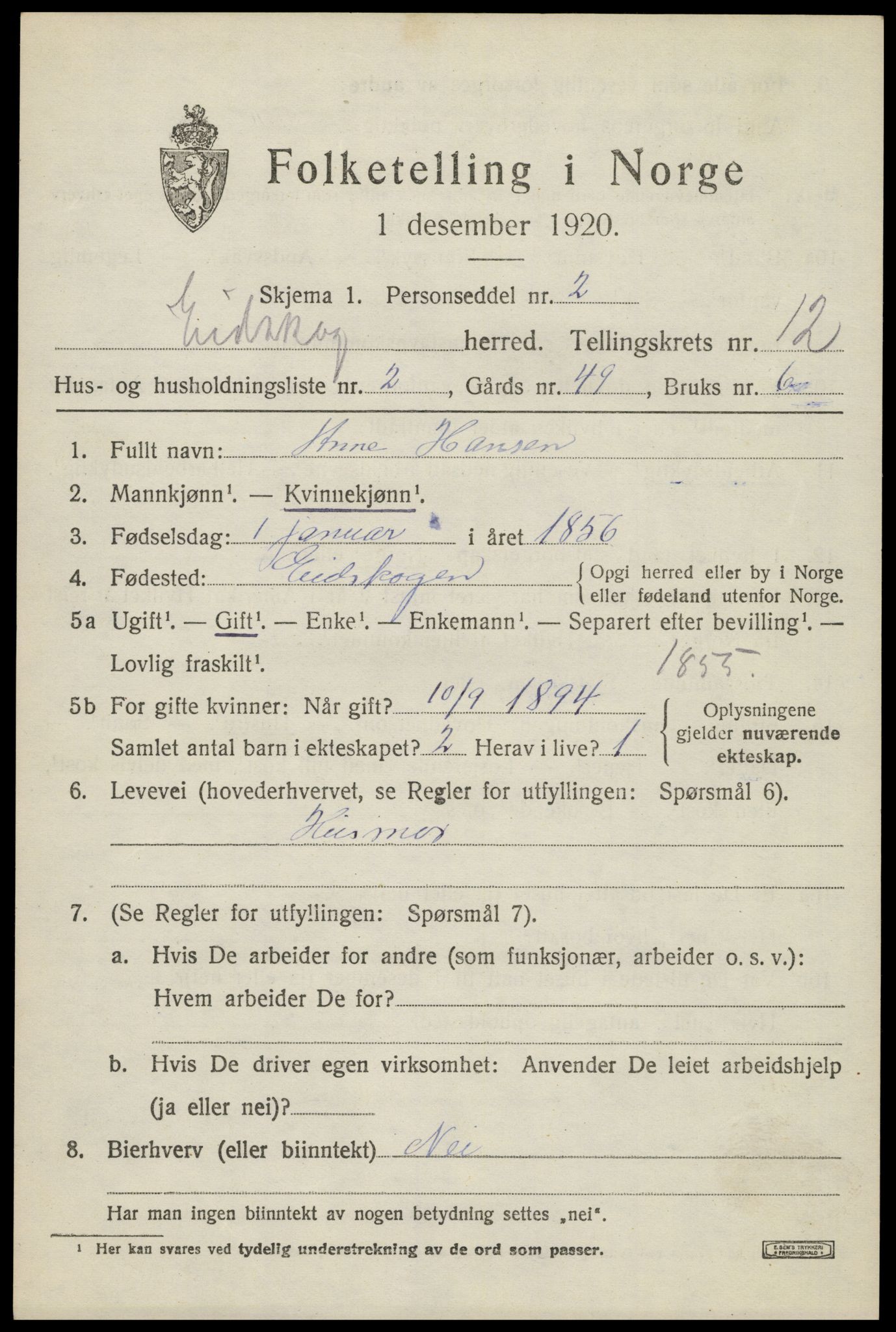 SAH, 1920 census for Eidskog, 1920, p. 11769