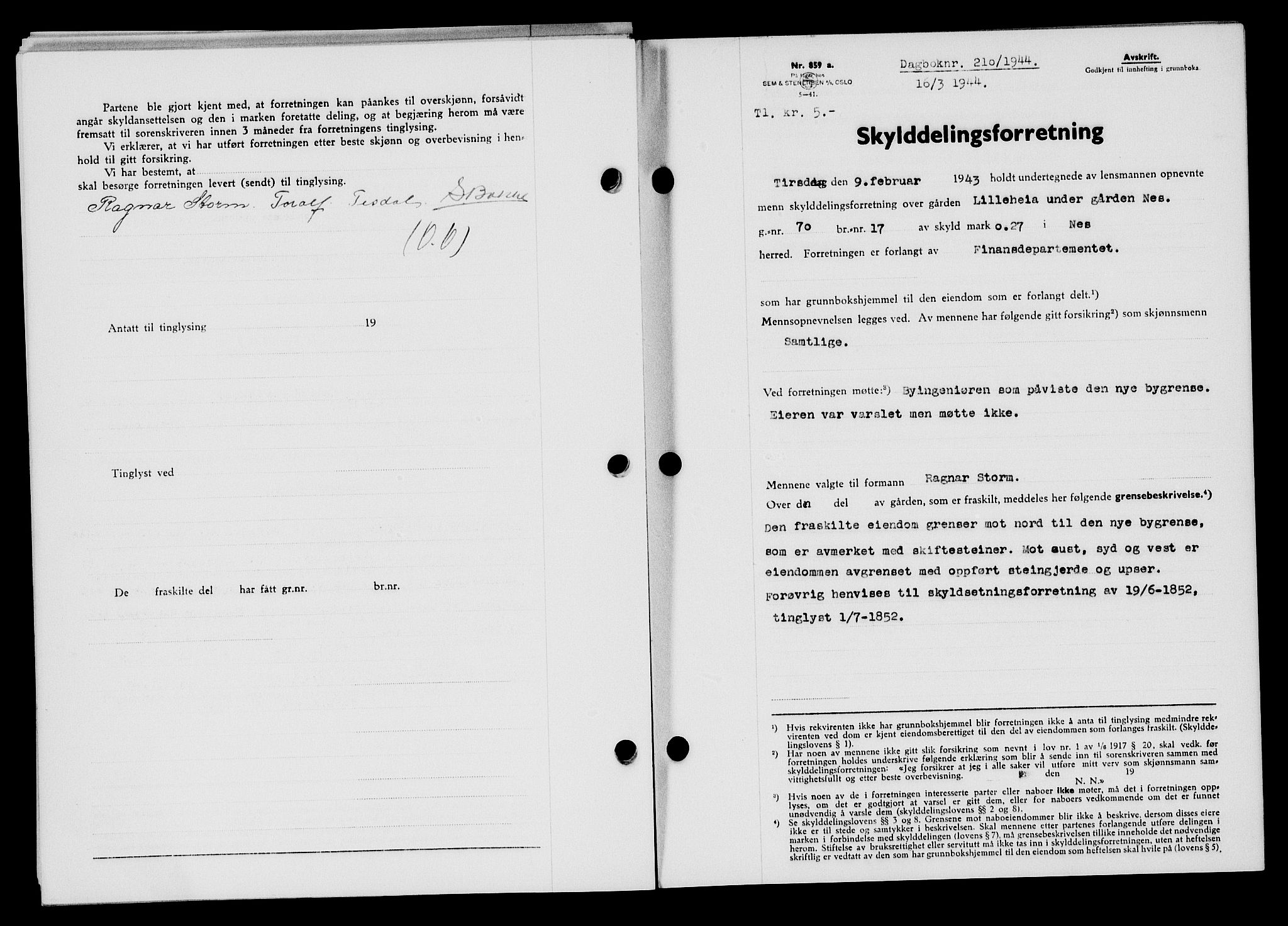Flekkefjord sorenskriveri, SAK/1221-0001/G/Gb/Gba/L0059: Mortgage book no. A-7, 1944-1945, Diary no: : 210/1944
