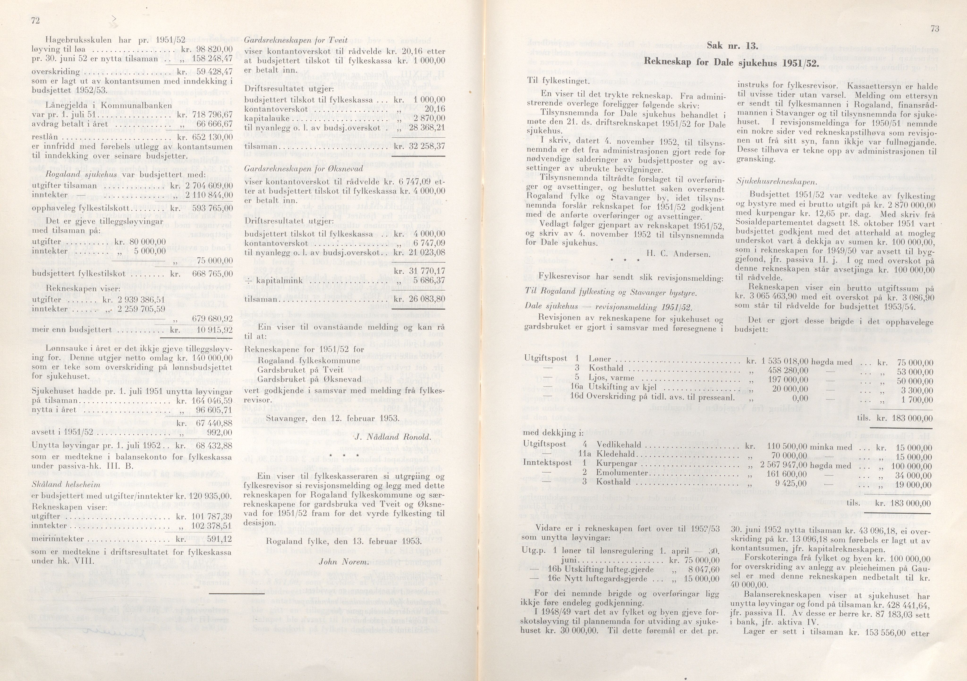 Rogaland fylkeskommune - Fylkesrådmannen , IKAR/A-900/A/Aa/Aaa/L0072: Møtebok , 1953, p. 72-73