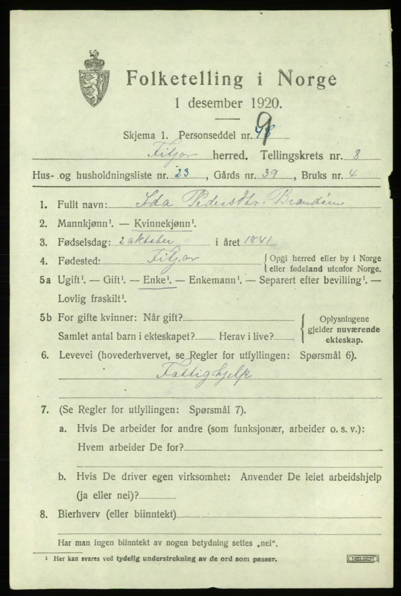 SAB, 1920 census for Fitjar, 1920, p. 3730