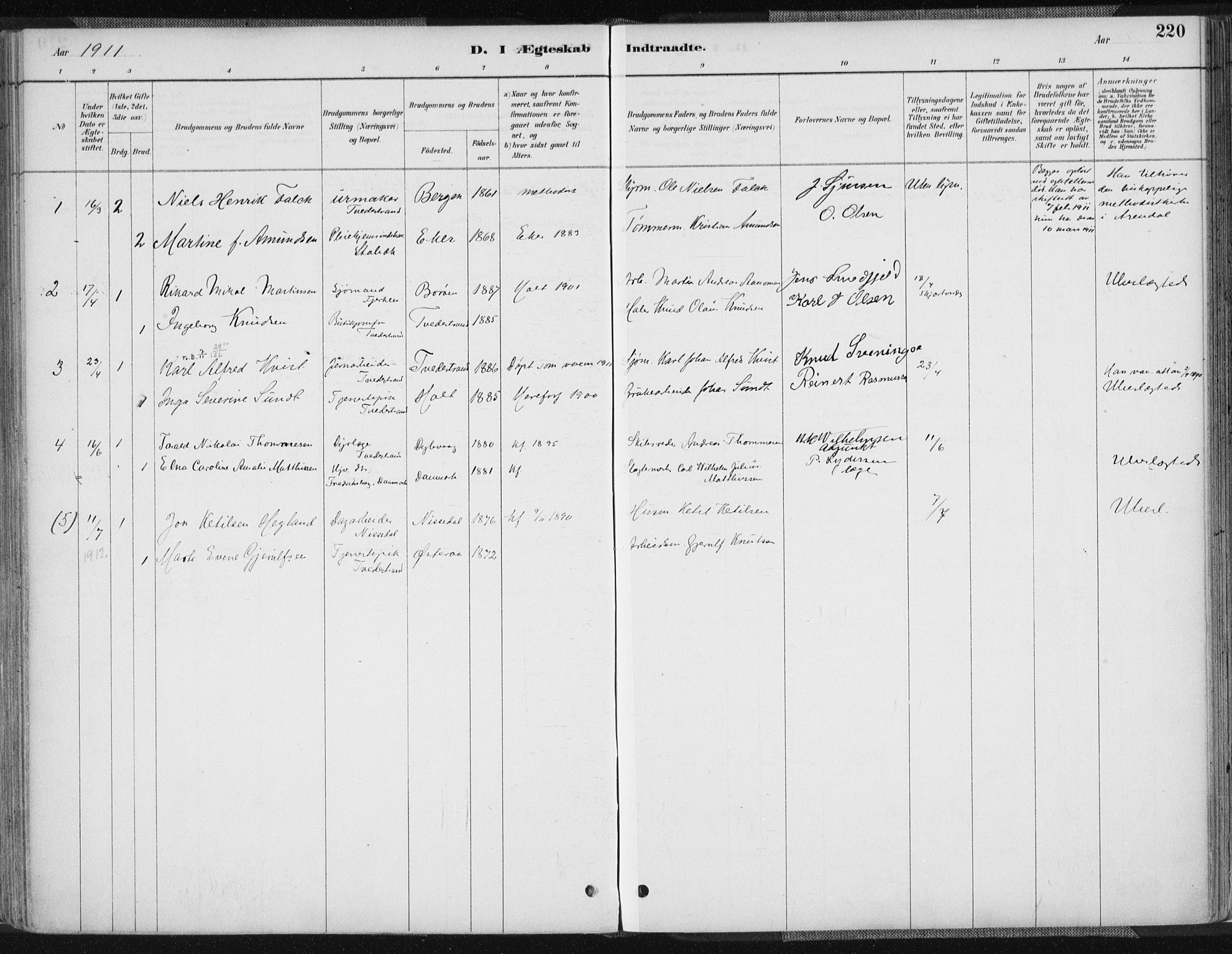 Tvedestrand sokneprestkontor, SAK/1111-0042/F/Fa/L0001: Parish register (official) no. A 1, 1885-1916, p. 220