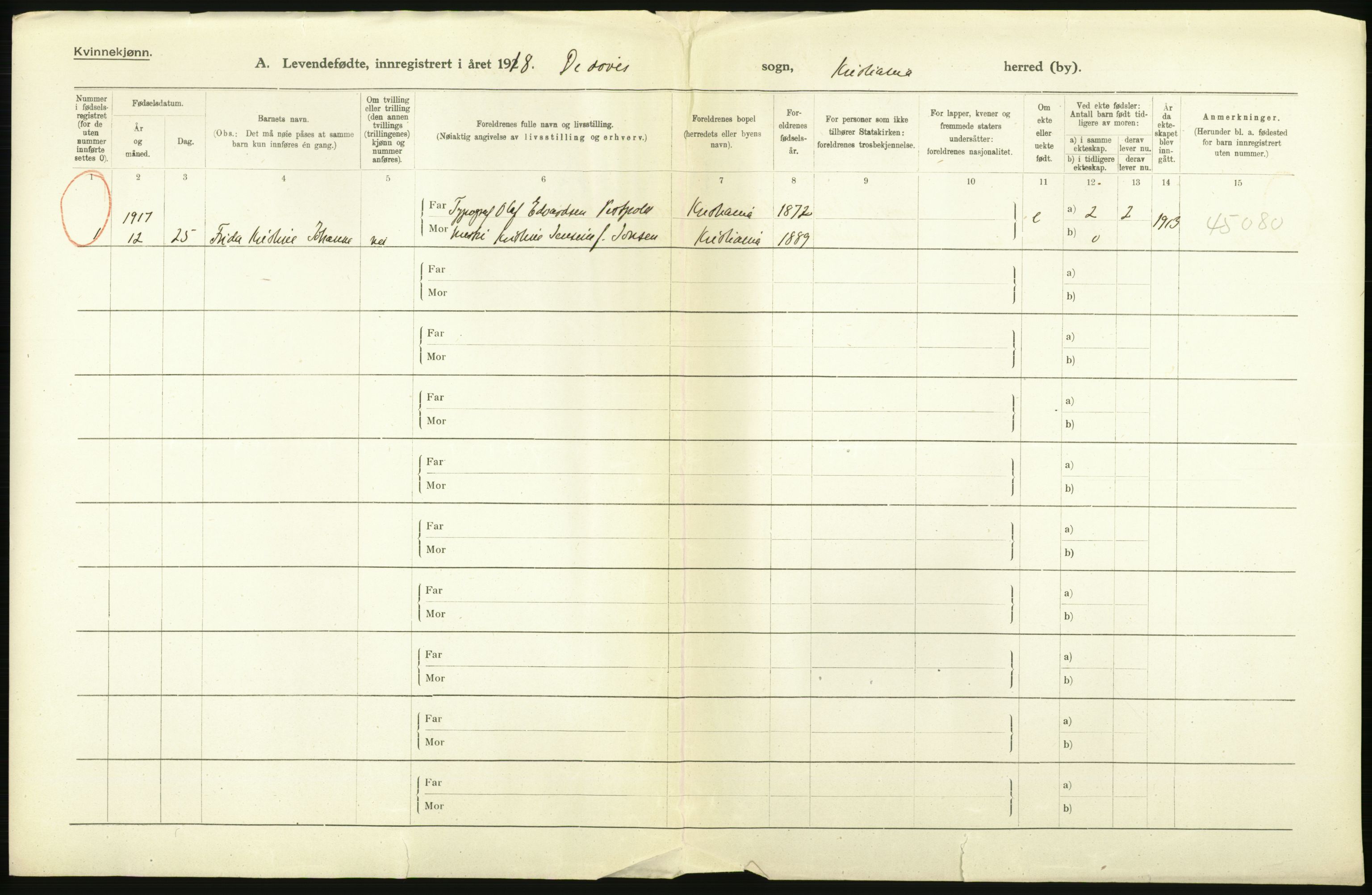 Statistisk sentralbyrå, Sosiodemografiske emner, Befolkning, AV/RA-S-2228/D/Df/Dfb/Dfbh/L0007: Kristiania: Levendefødte menn og kvinner., 1918, p. 620