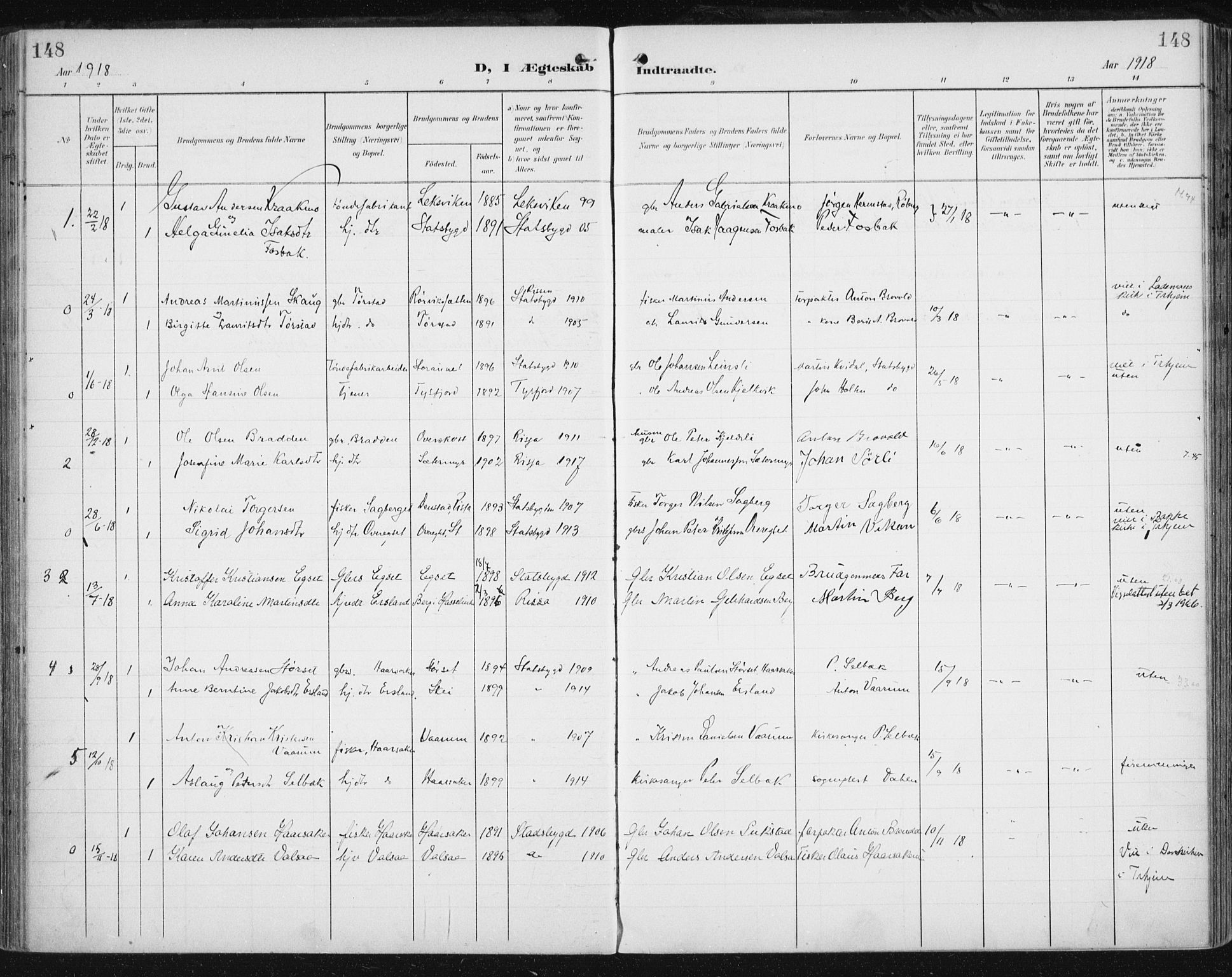 Ministerialprotokoller, klokkerbøker og fødselsregistre - Sør-Trøndelag, SAT/A-1456/646/L0616: Parish register (official) no. 646A14, 1900-1918, p. 148