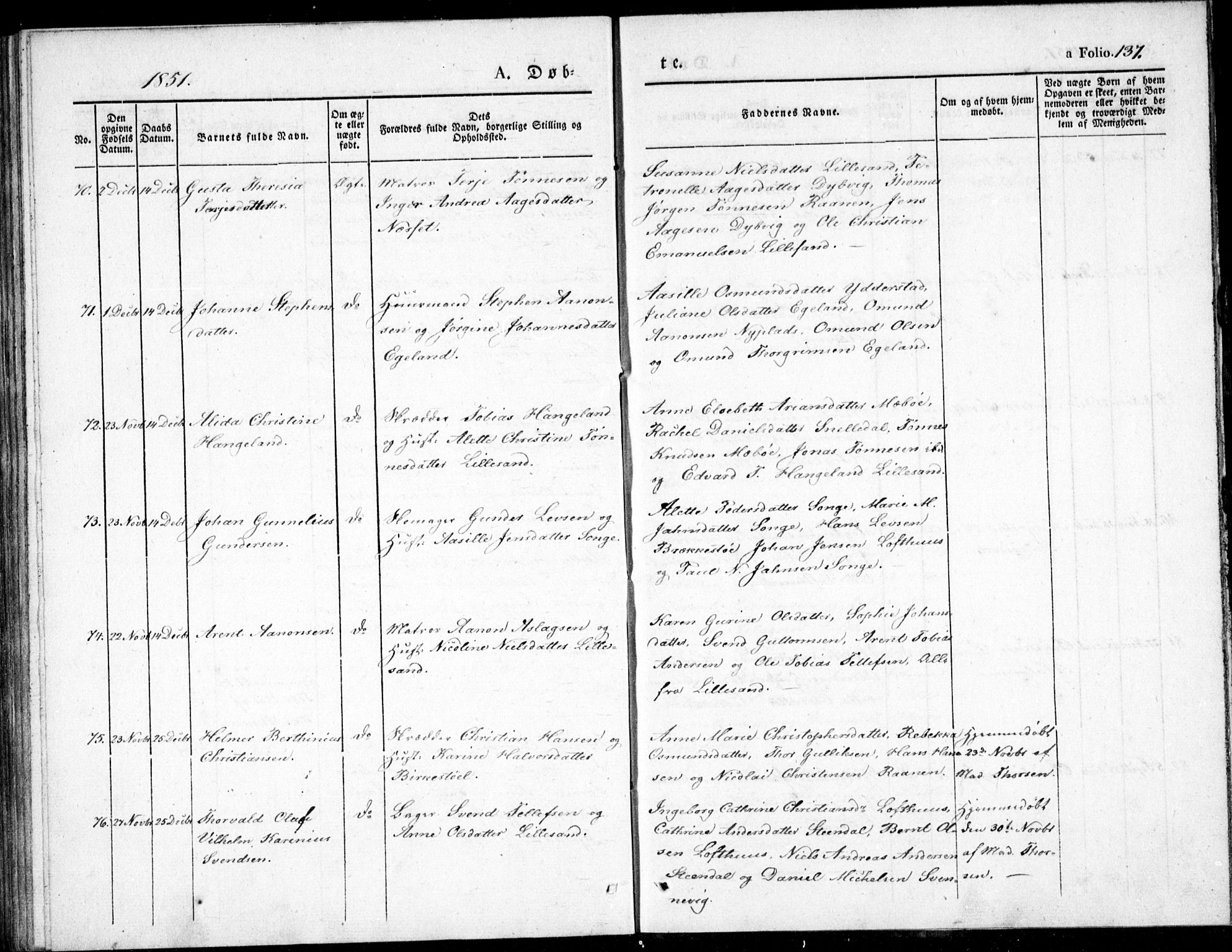 Vestre Moland sokneprestkontor, AV/SAK-1111-0046/F/Fb/Fbb/L0002: Parish register (copy) no. B 2, 1836-1851, p. 137