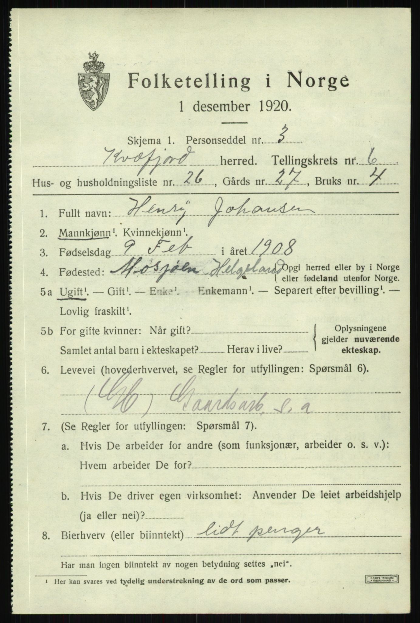 SATØ, 1920 census for Kvæfjord, 1920, p. 3461