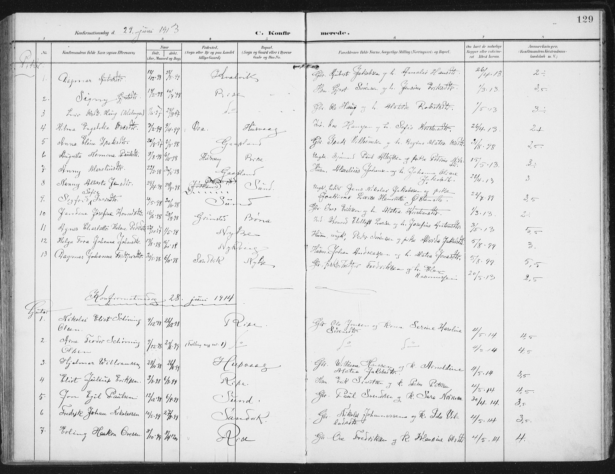 Ministerialprotokoller, klokkerbøker og fødselsregistre - Nordland, SAT/A-1459/892/L1321: Parish register (official) no. 892A02, 1902-1918, p. 129