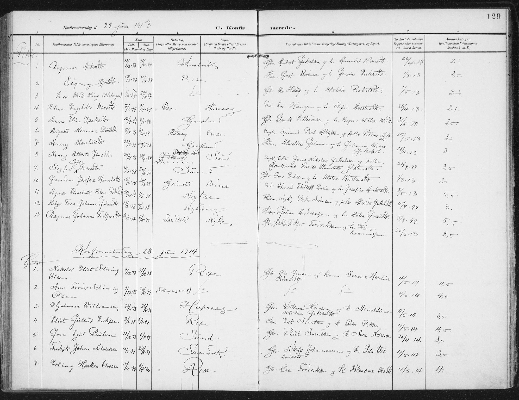 Ministerialprotokoller, klokkerbøker og fødselsregistre - Nordland, AV/SAT-A-1459/892/L1321: Parish register (official) no. 892A02, 1902-1918, p. 129