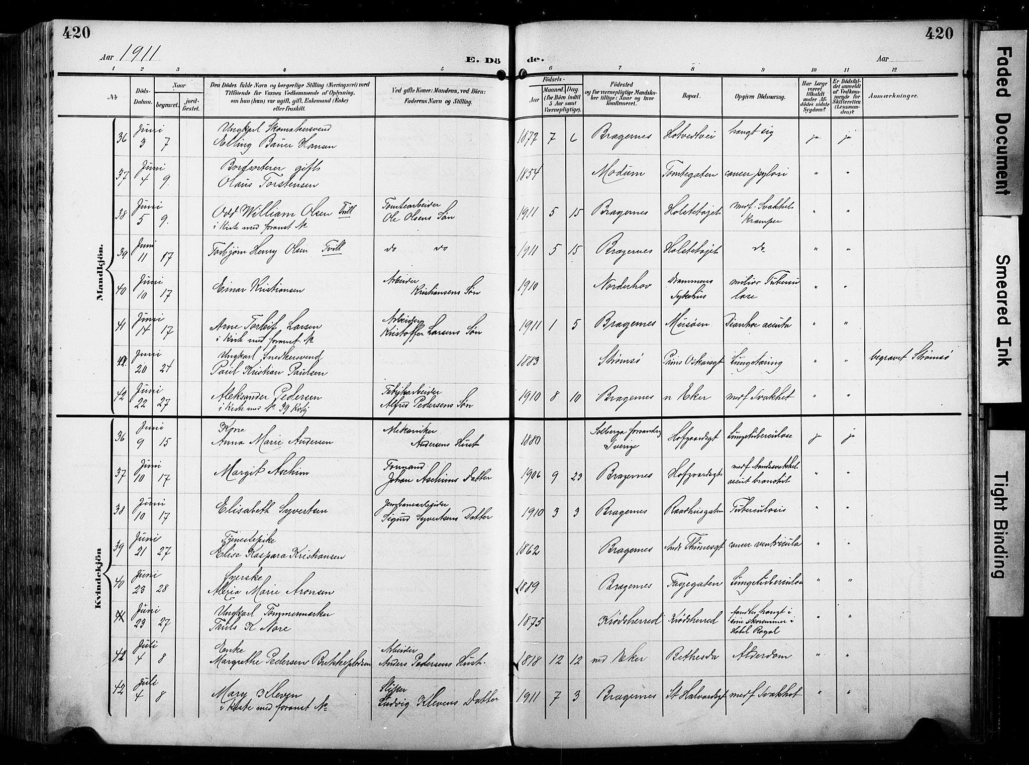 Bragernes kirkebøker, SAKO/A-6/F/Fb/L0009: Parish register (official) no. II 9, 1902-1911, p. 420