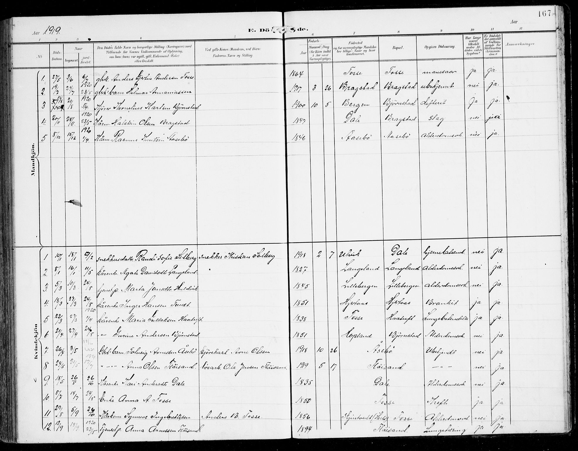 Alversund Sokneprestembete, SAB/A-73901/H/Ha/Haa/Haac/L0002: Parish register (official) no. C 2, 1901-1921, p. 167