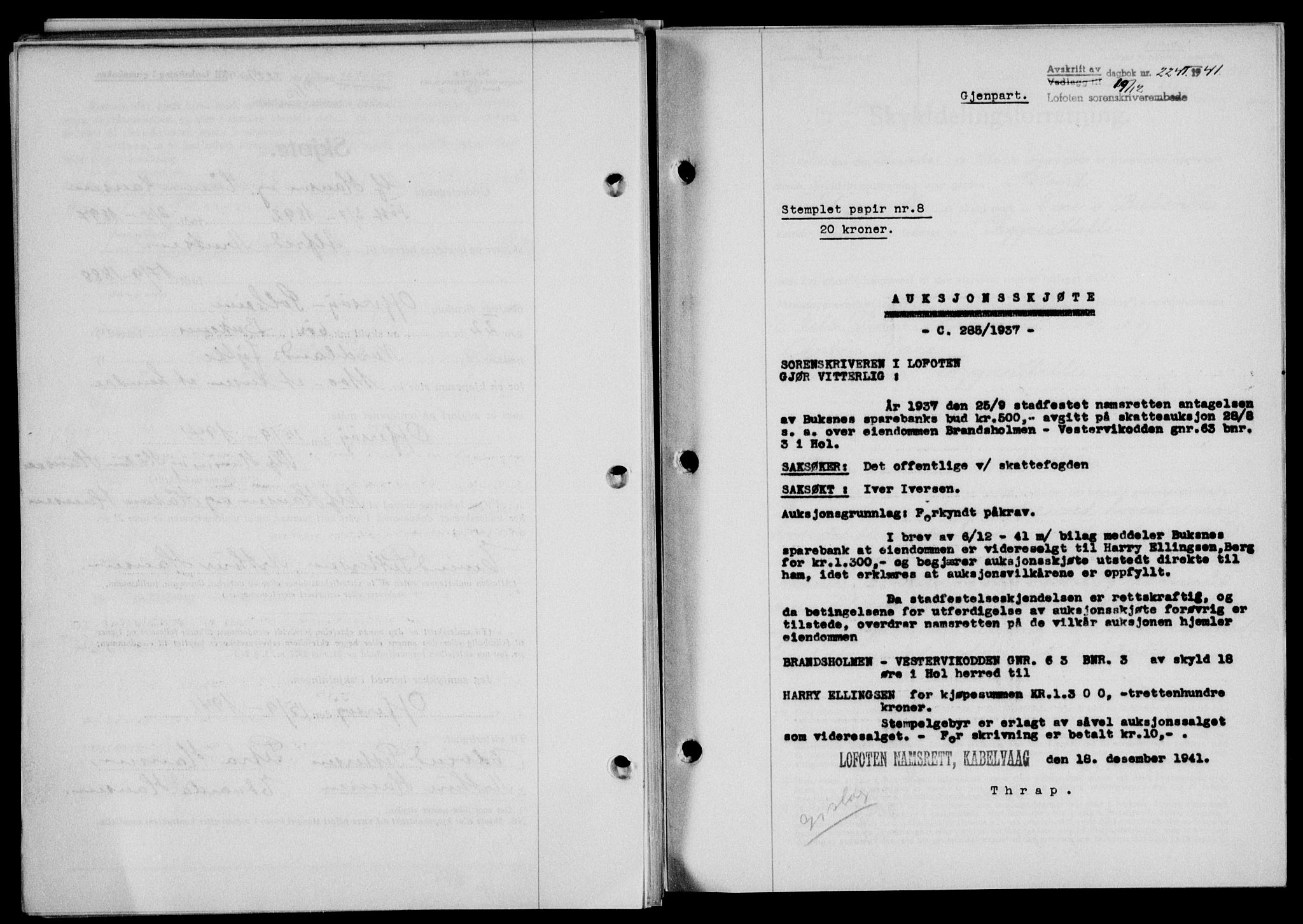 Lofoten sorenskriveri, SAT/A-0017/1/2/2C/L0009a: Mortgage book no. 9a, 1941-1942, Diary no: : 2241/1941
