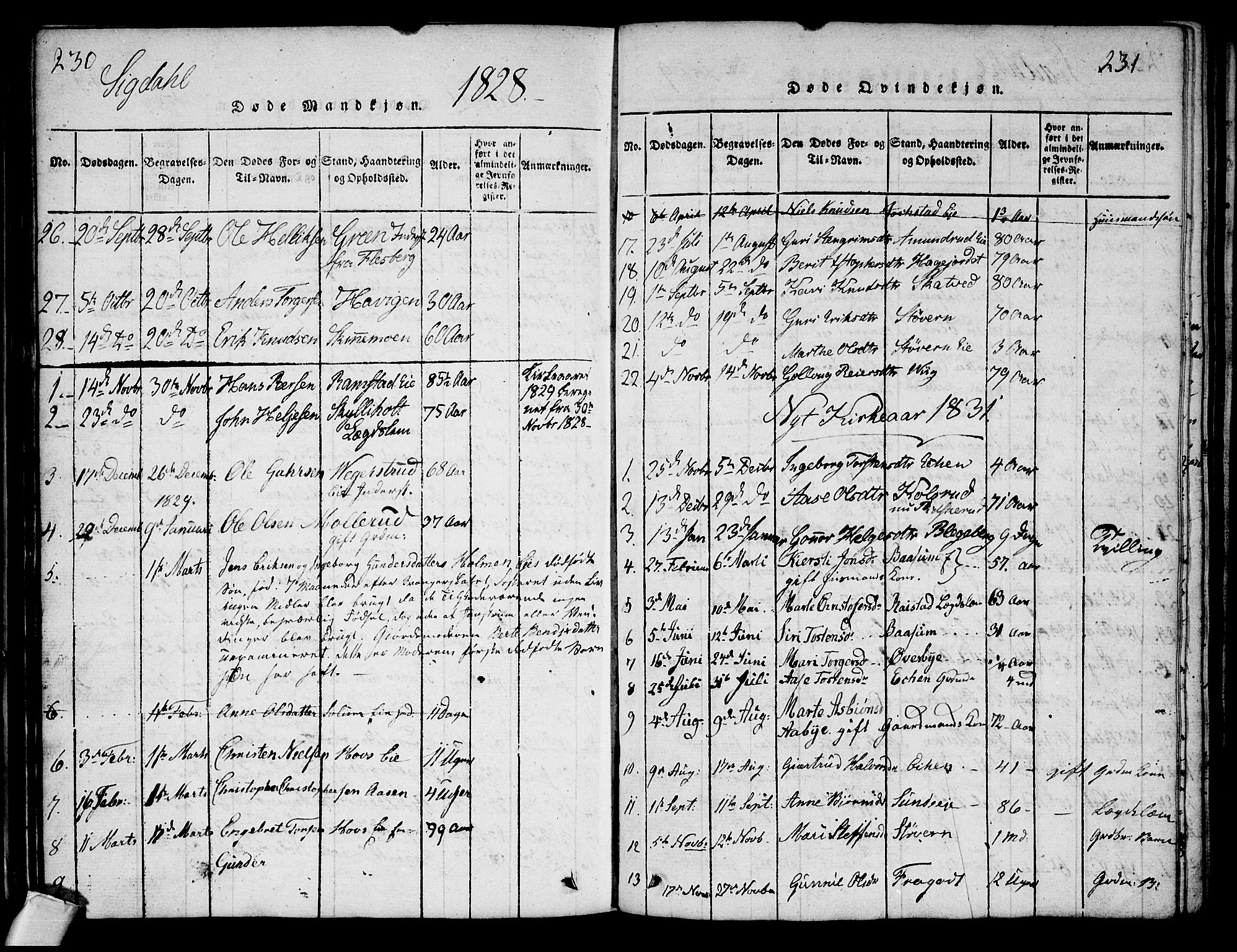Sigdal kirkebøker, SAKO/A-245/G/Ga/L0001: Parish register (copy) no. I 1 /1, 1816-1835, p. 230-231