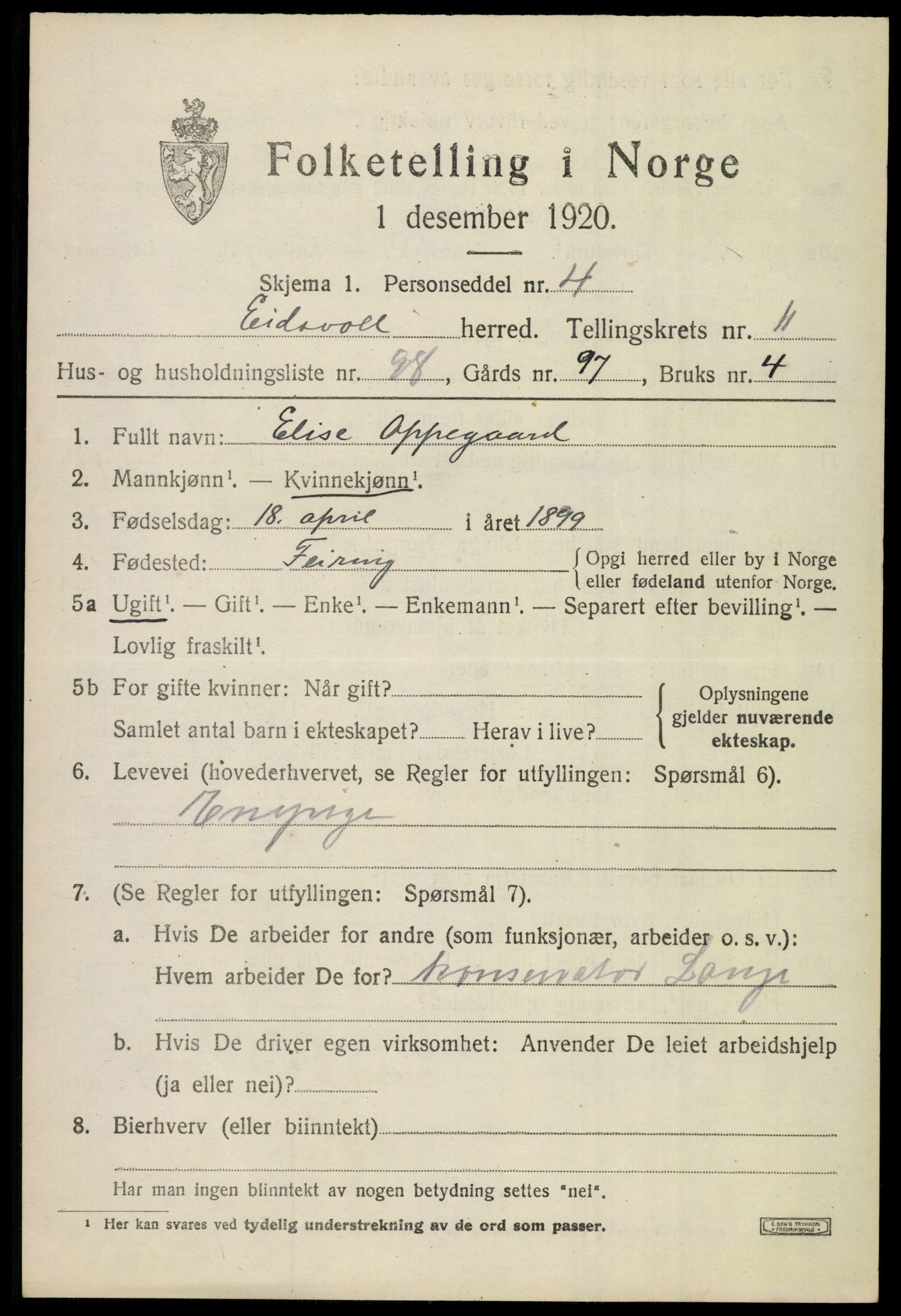 SAO, 1920 census for Eidsvoll, 1920, p. 18411