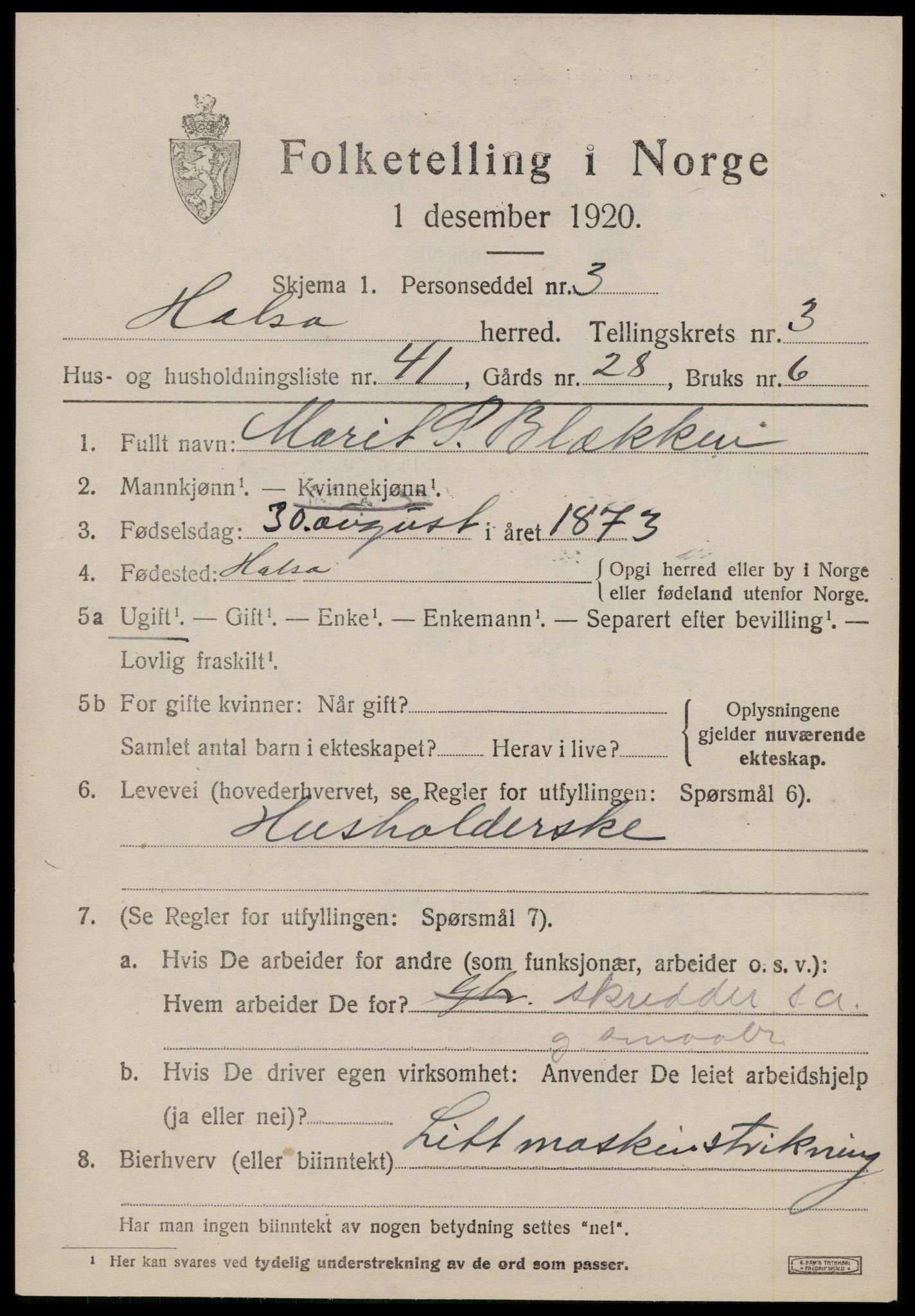 SAT, 1920 census for Halsa, 1920, p. 1619