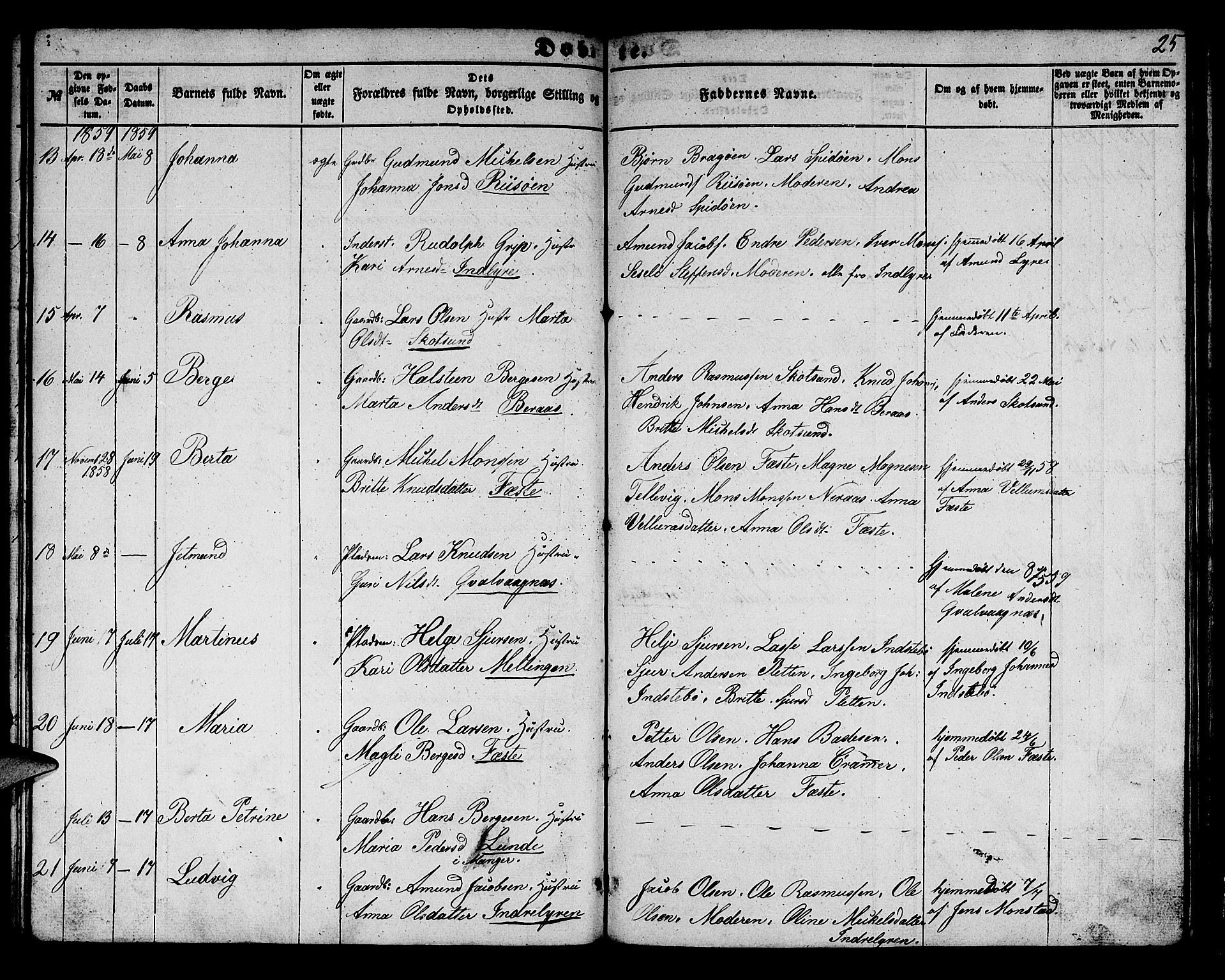 Alversund Sokneprestembete, SAB/A-73901/H/Ha/Hab: Parish register (copy) no. B 1, 1852-1865, p. 25