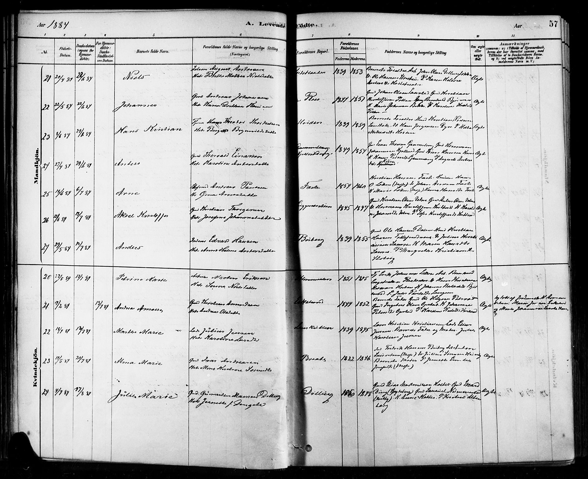 Rygge prestekontor Kirkebøker, SAO/A-10084b/F/Fa/L0007: Parish register (official) no. 7, 1878-1904, p. 57