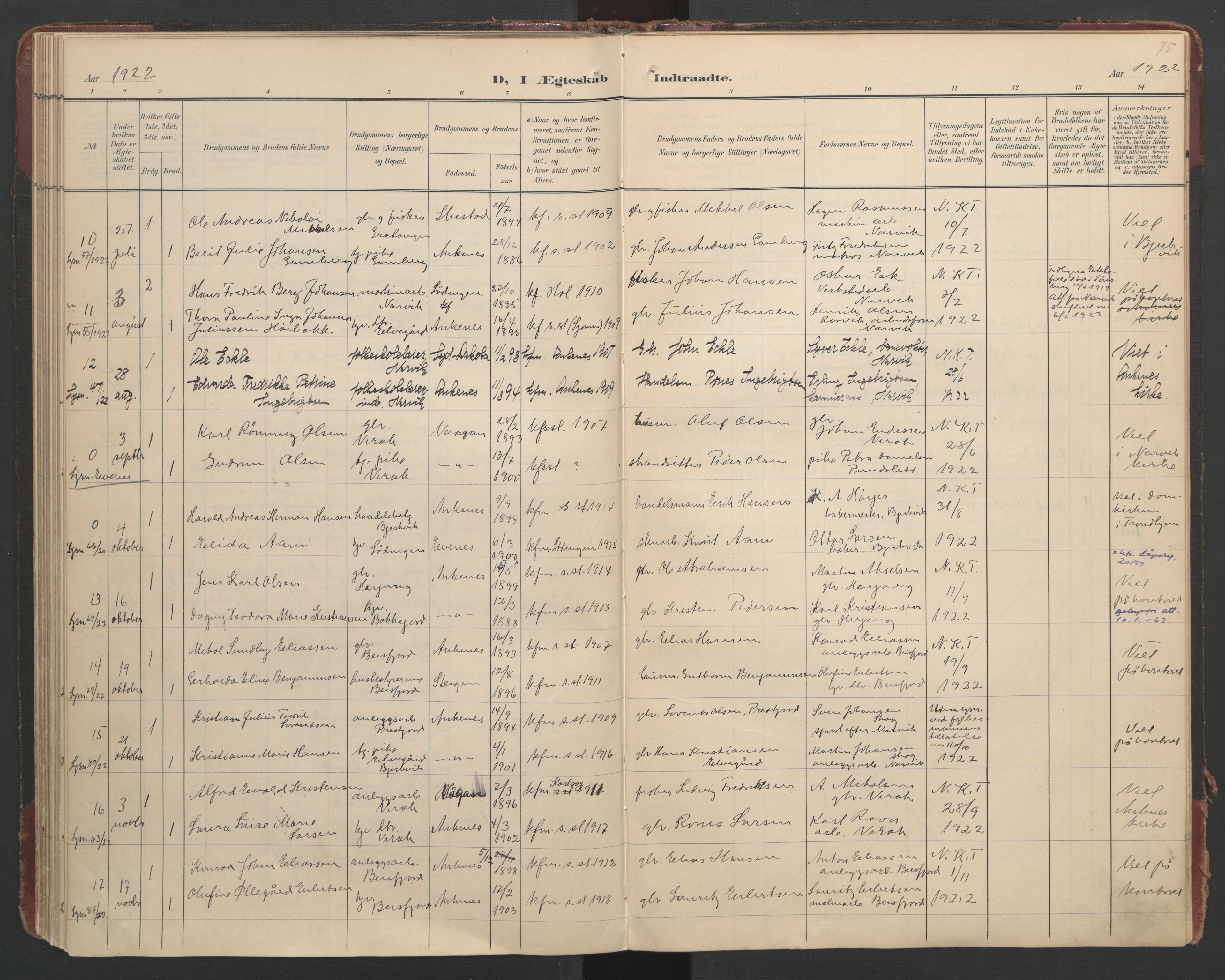 Ministerialprotokoller, klokkerbøker og fødselsregistre - Nordland, AV/SAT-A-1459/866/L0942: Parish register (official) no. 866A05, 1901-1928, p. 75