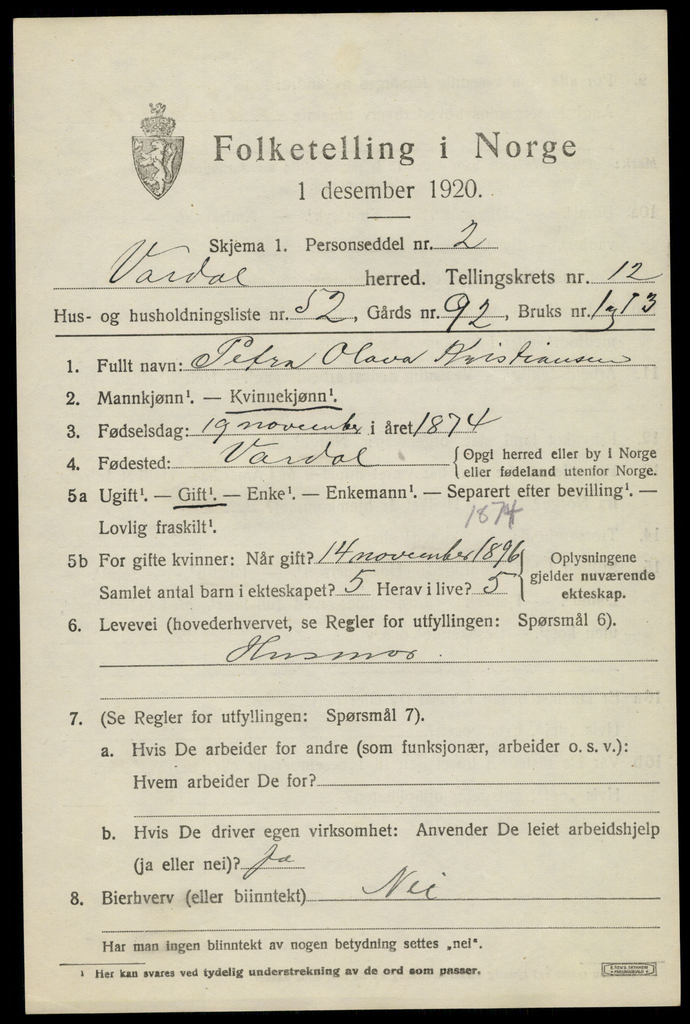 SAH, 1920 census for Vardal, 1920, p. 13789