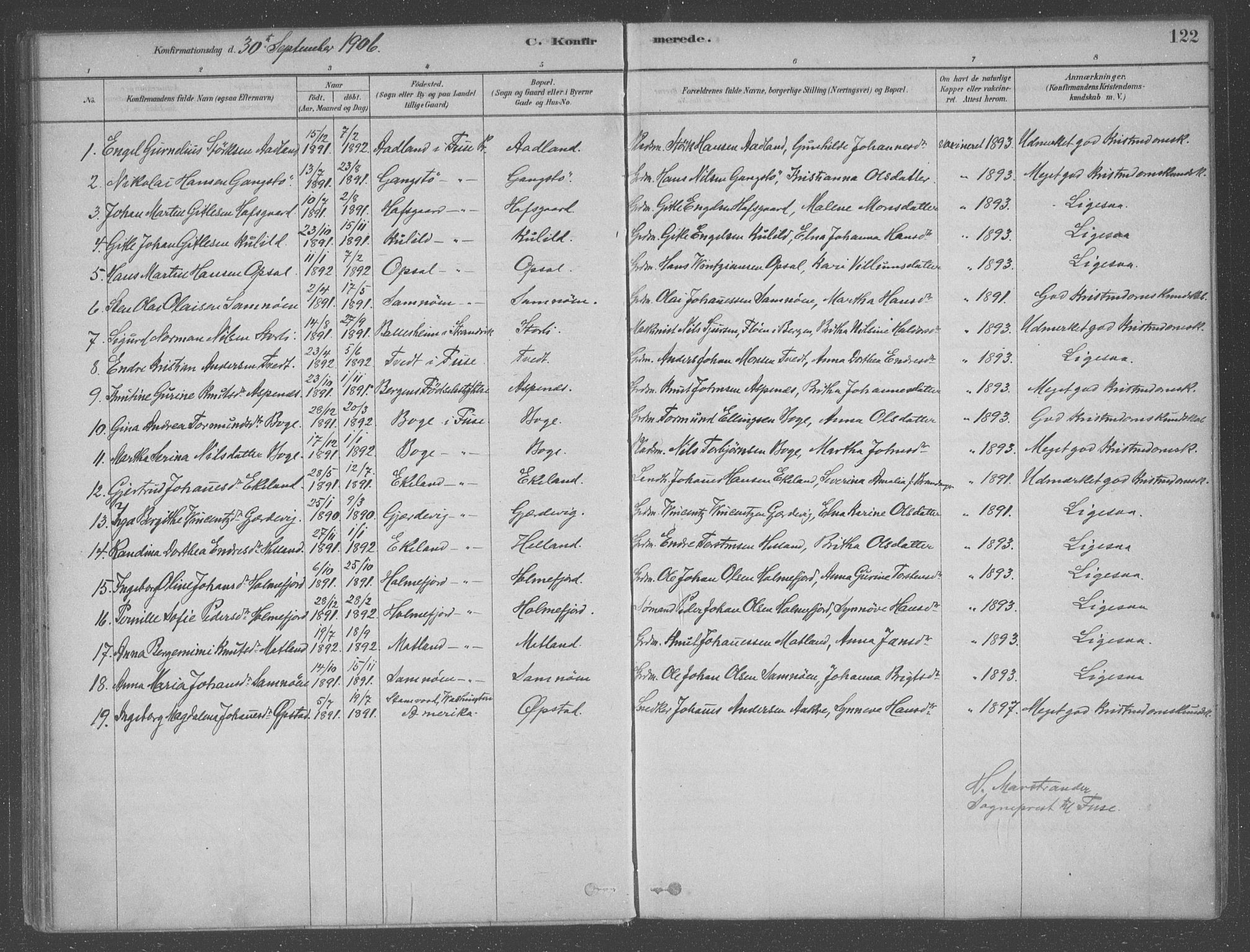 Fusa sokneprestembete, AV/SAB-A-75401/H/Haa: Parish register (official) no. B 1, 1880-1938, p. 122