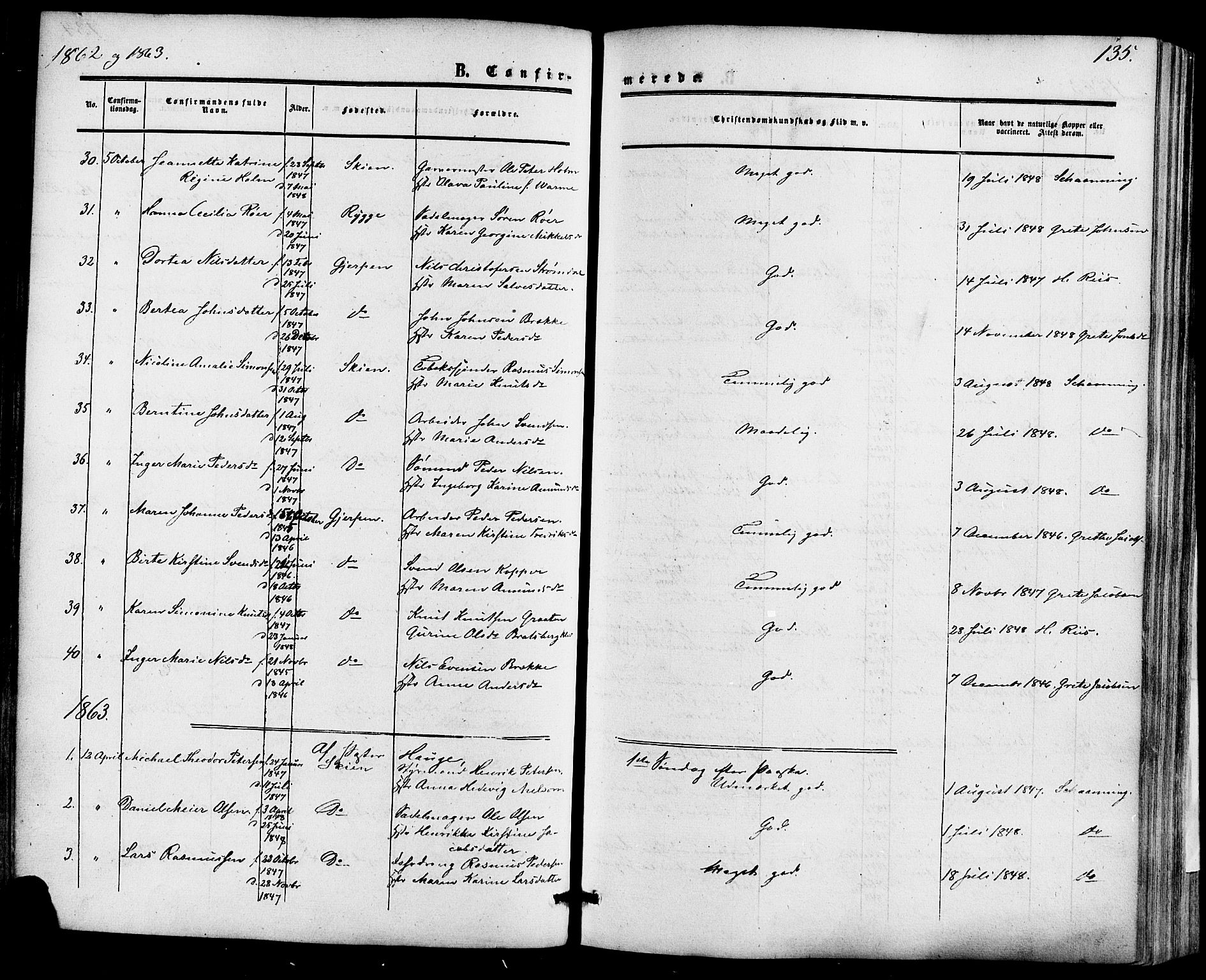 Skien kirkebøker, SAKO/A-302/F/Fa/L0007: Parish register (official) no. 7, 1856-1865, p. 135