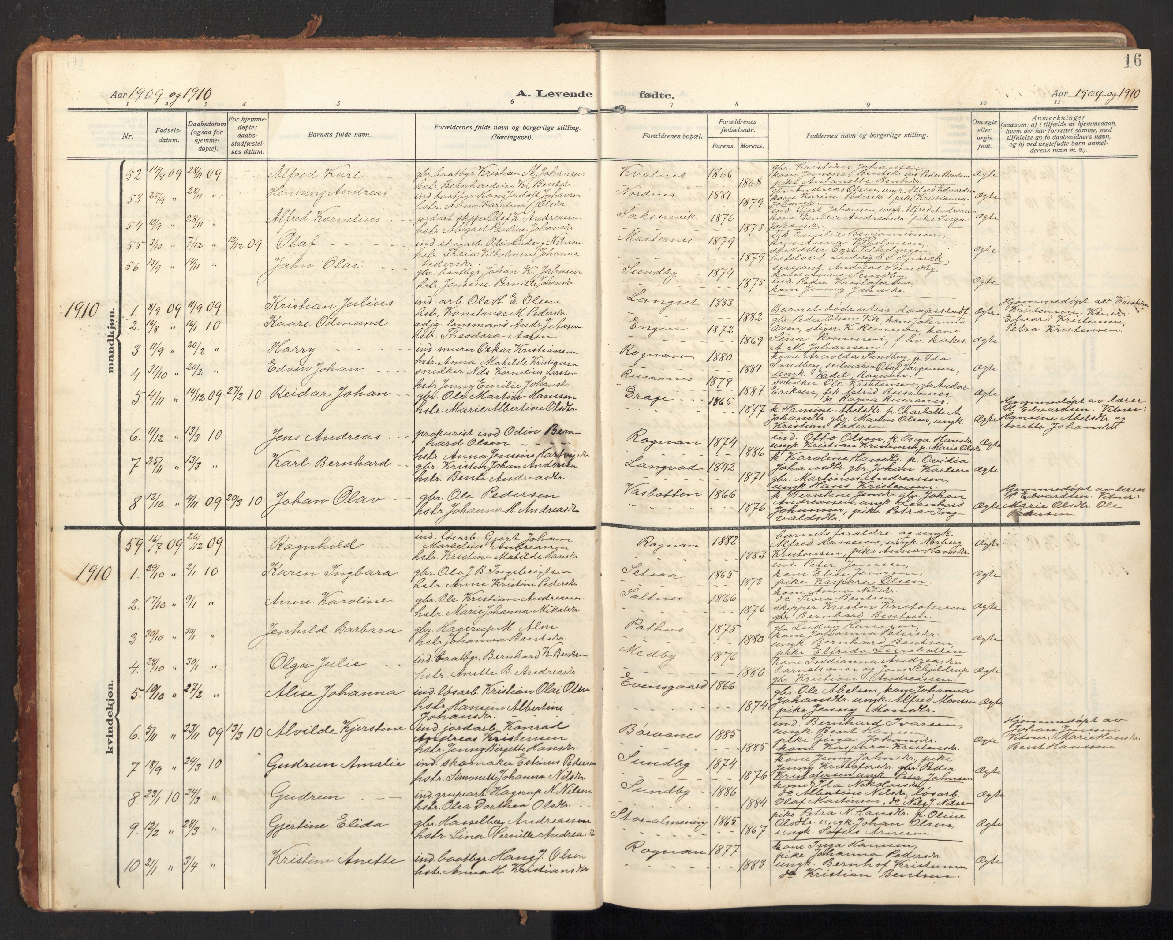 Ministerialprotokoller, klokkerbøker og fødselsregistre - Nordland, SAT/A-1459/847/L0683: Parish register (copy) no. 847C11, 1908-1929, p. 16