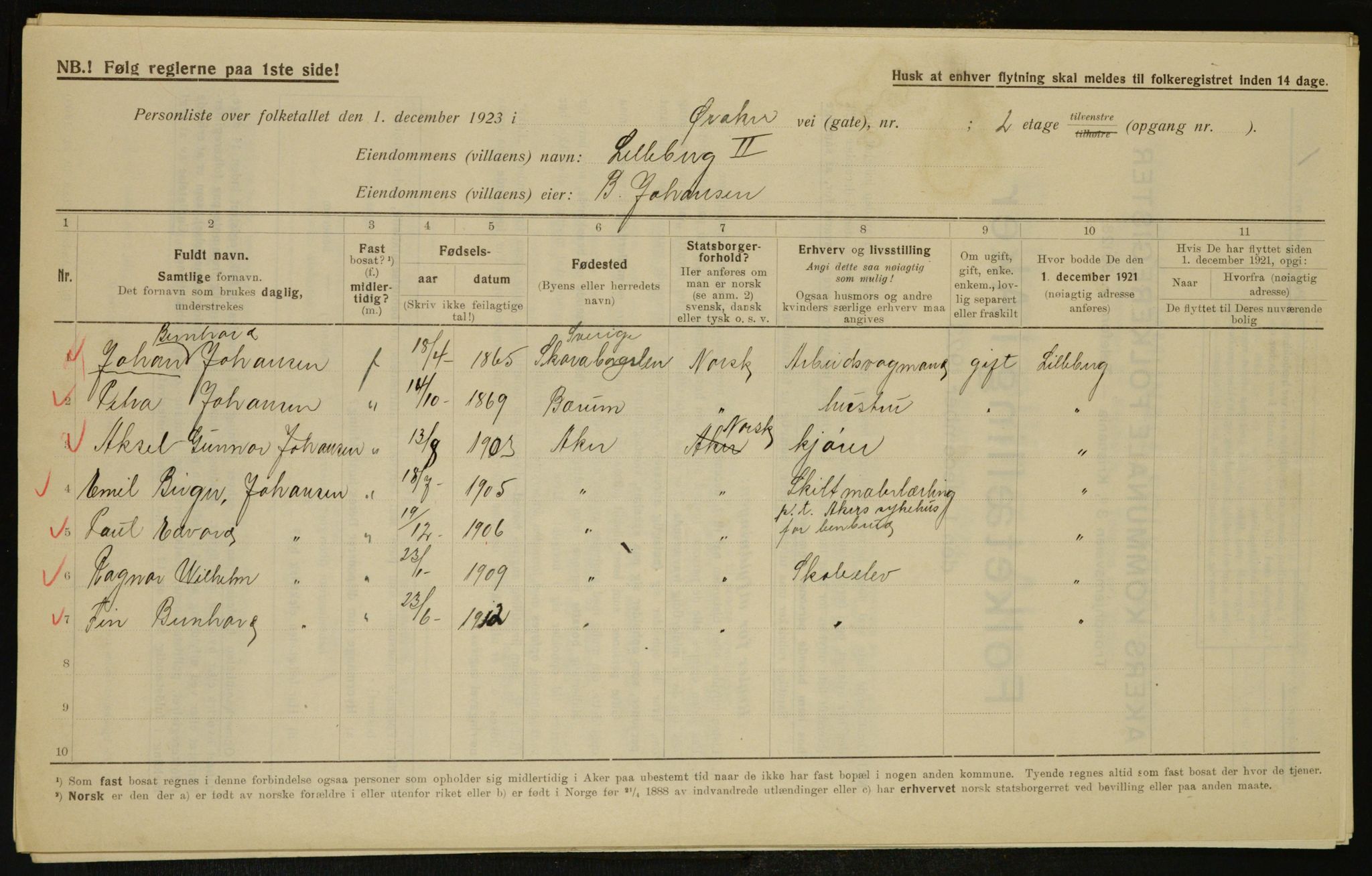 , Municipal Census 1923 for Aker, 1923, p. 7384