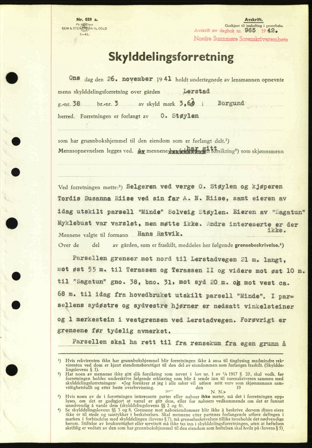 Nordre Sunnmøre sorenskriveri, AV/SAT-A-0006/1/2/2C/2Ca: Mortgage book no. A13, 1942-1942, Diary no: : 965/1942