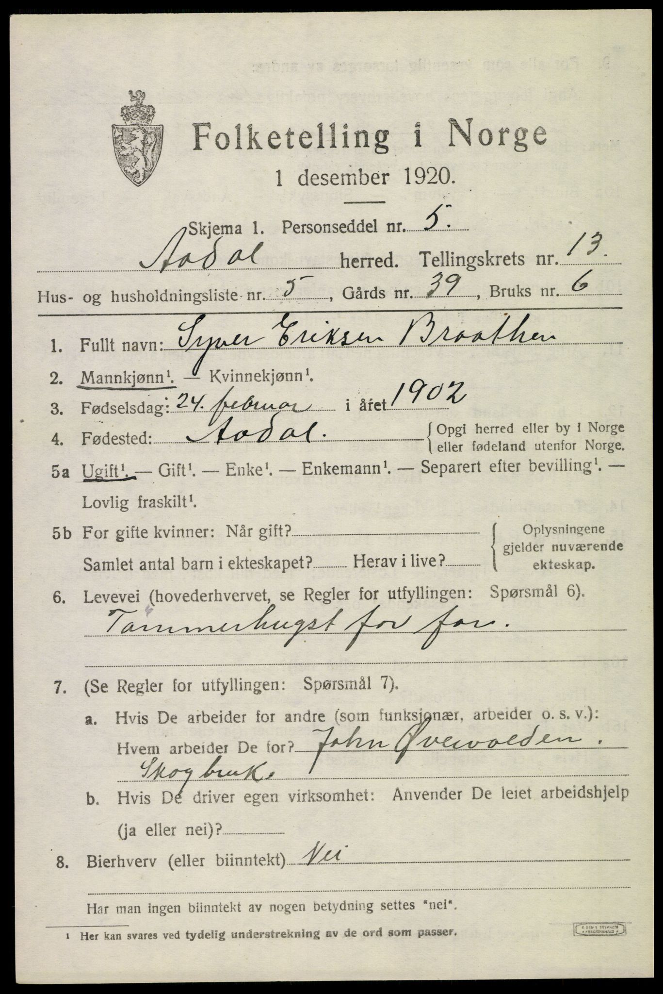 SAKO, 1920 census for Ådal, 1920, p. 7692