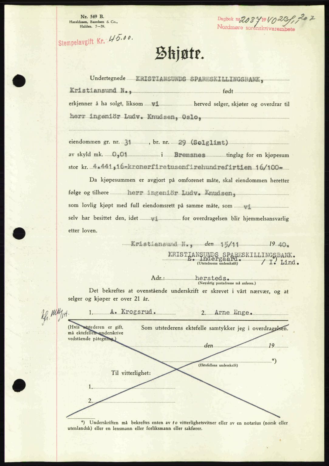 Nordmøre sorenskriveri, SAT/A-4132/1/2/2Ca: Mortgage book no. A89, 1940-1941, Diary no: : 2037/1940