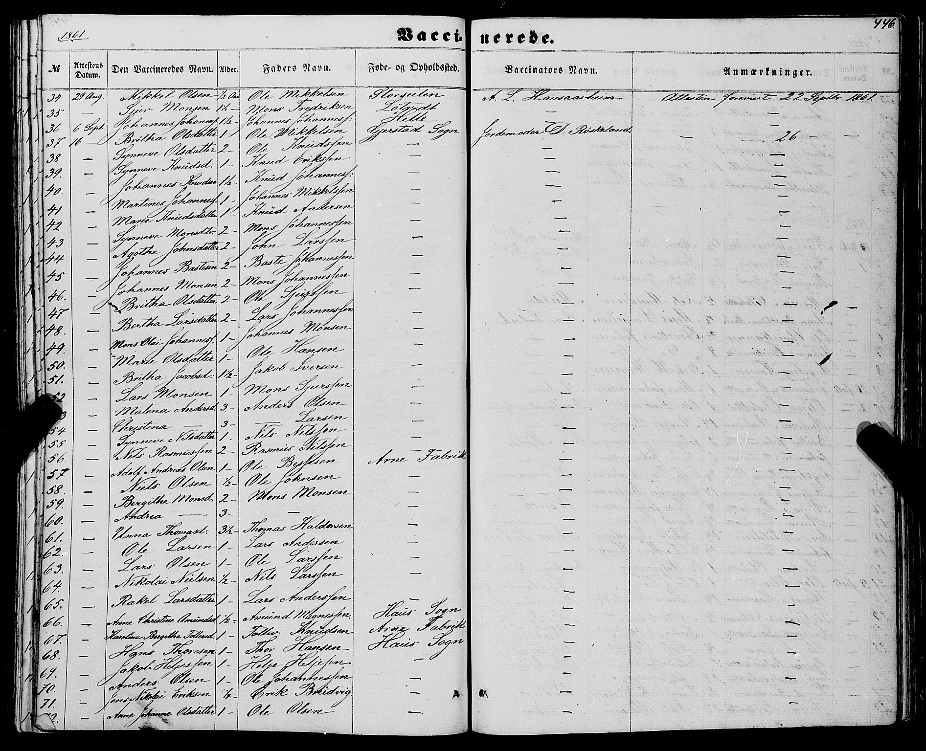 Haus sokneprestembete, SAB/A-75601/H/Haa: Parish register (official) no. A 17, 1858-1870, p. 446