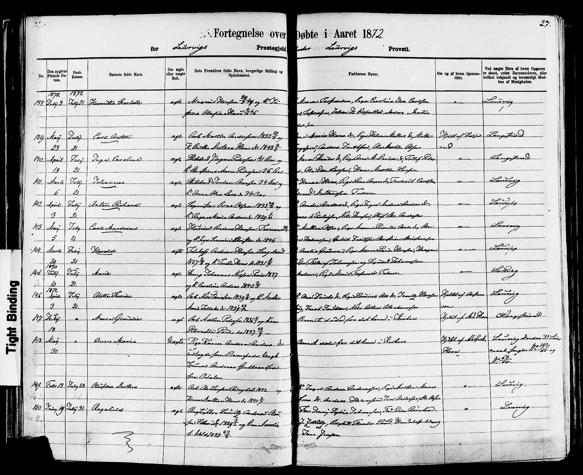 Larvik kirkebøker, AV/SAKO-A-352/F/Fa/L0006: Parish register (official) no. I 6, 1871-1883, p. 27