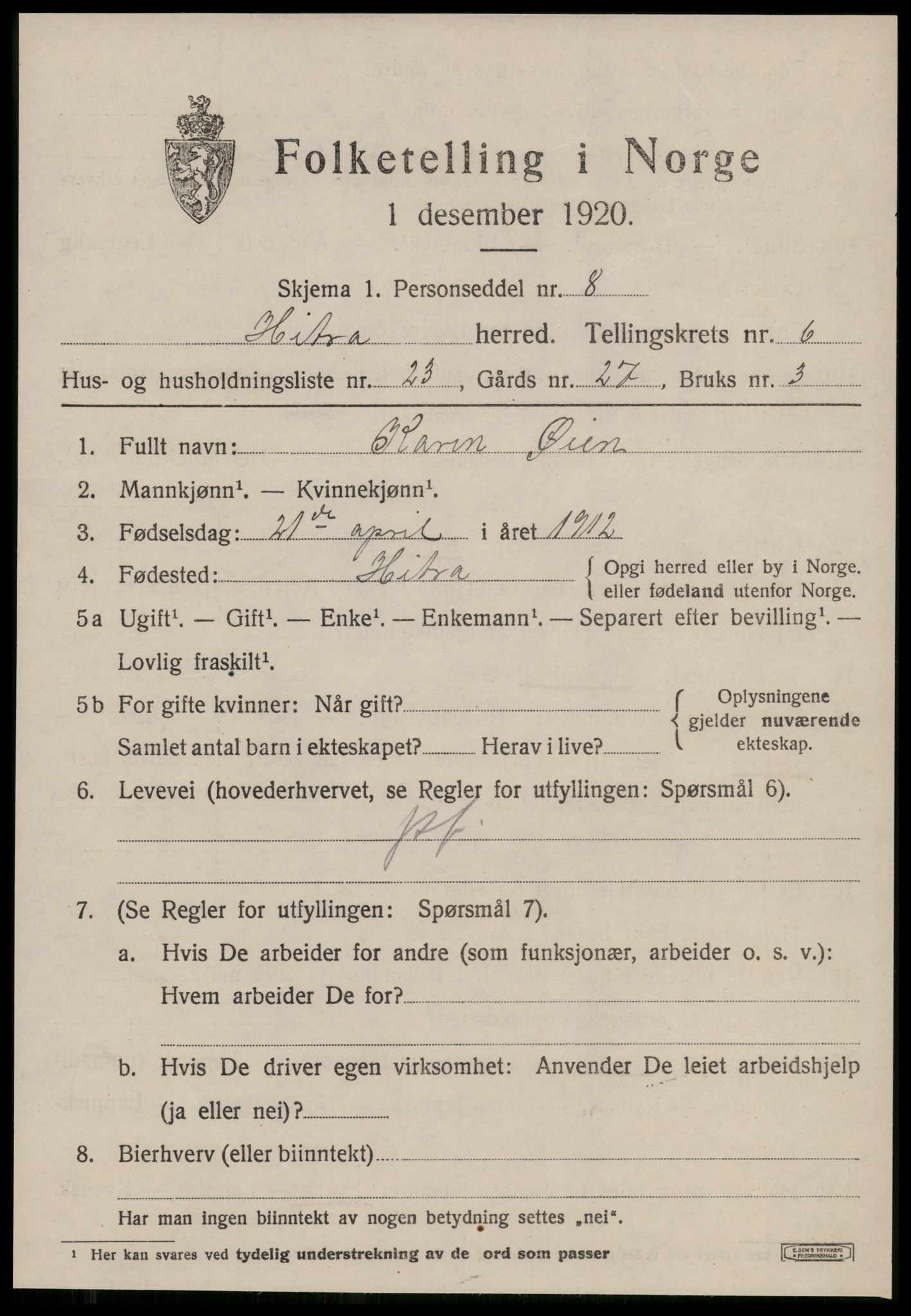 SAT, 1920 census for Hitra, 1920, p. 2091