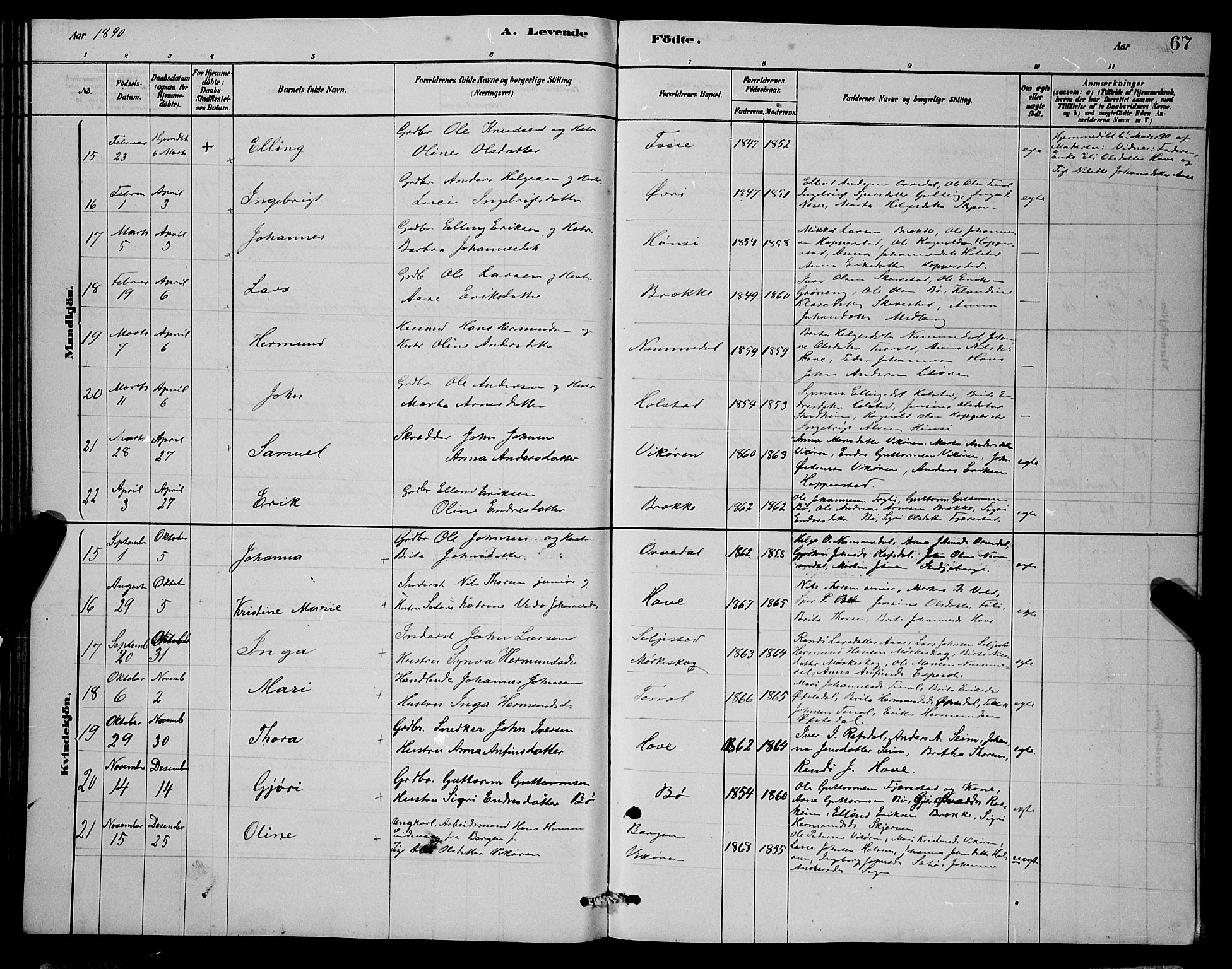 Vik sokneprestembete, AV/SAB-A-81501/H/Hab/Haba/L0003: Parish register (copy) no. A 3, 1878-1894, p. 67