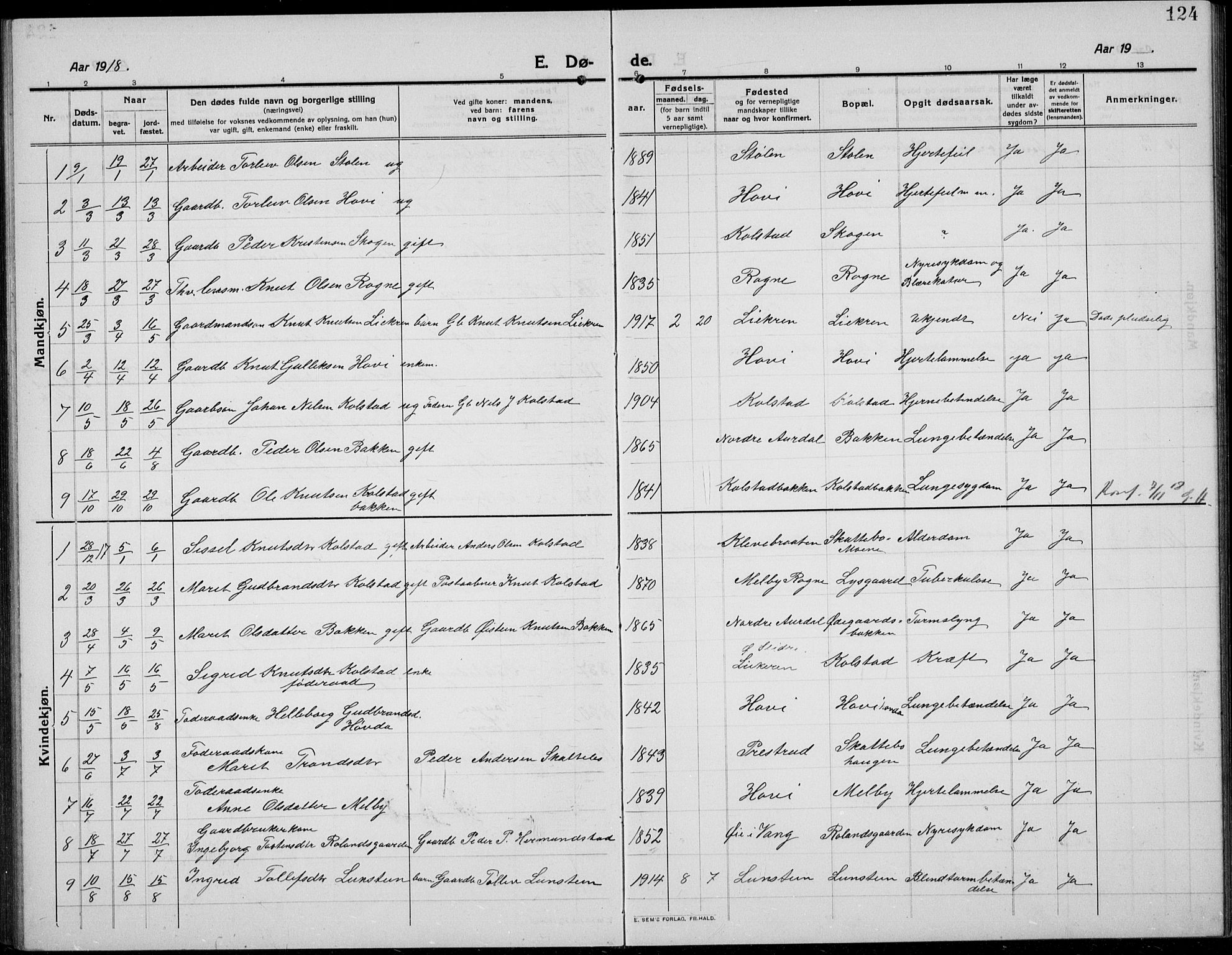 Øystre Slidre prestekontor, SAH/PREST-138/H/Ha/Hab/L0008: Parish register (copy) no. 8, 1911-1938, p. 124