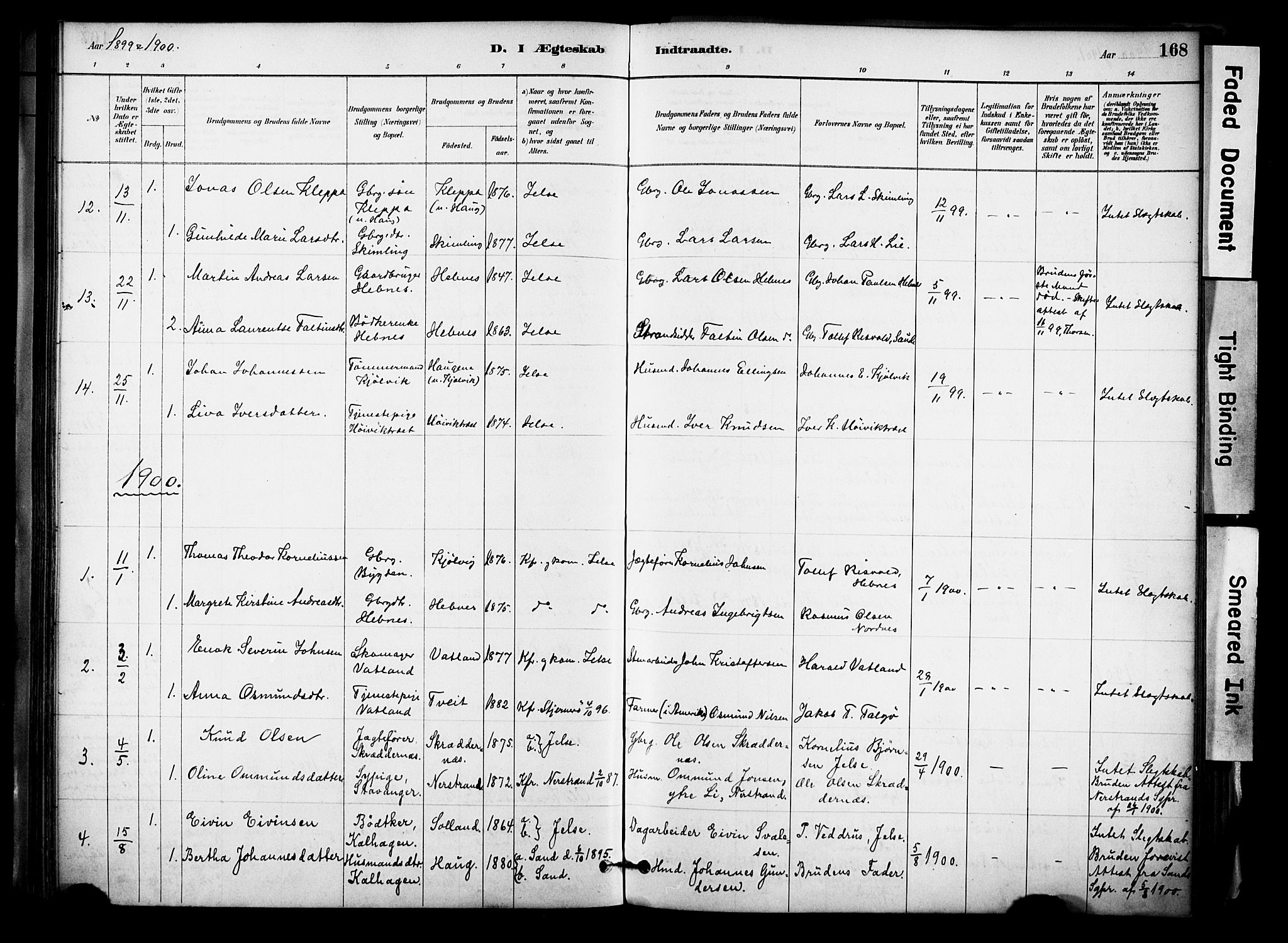 Jelsa sokneprestkontor, SAST/A-101842/01/IV: Parish register (official) no. A 10, 1884-1906, p. 168