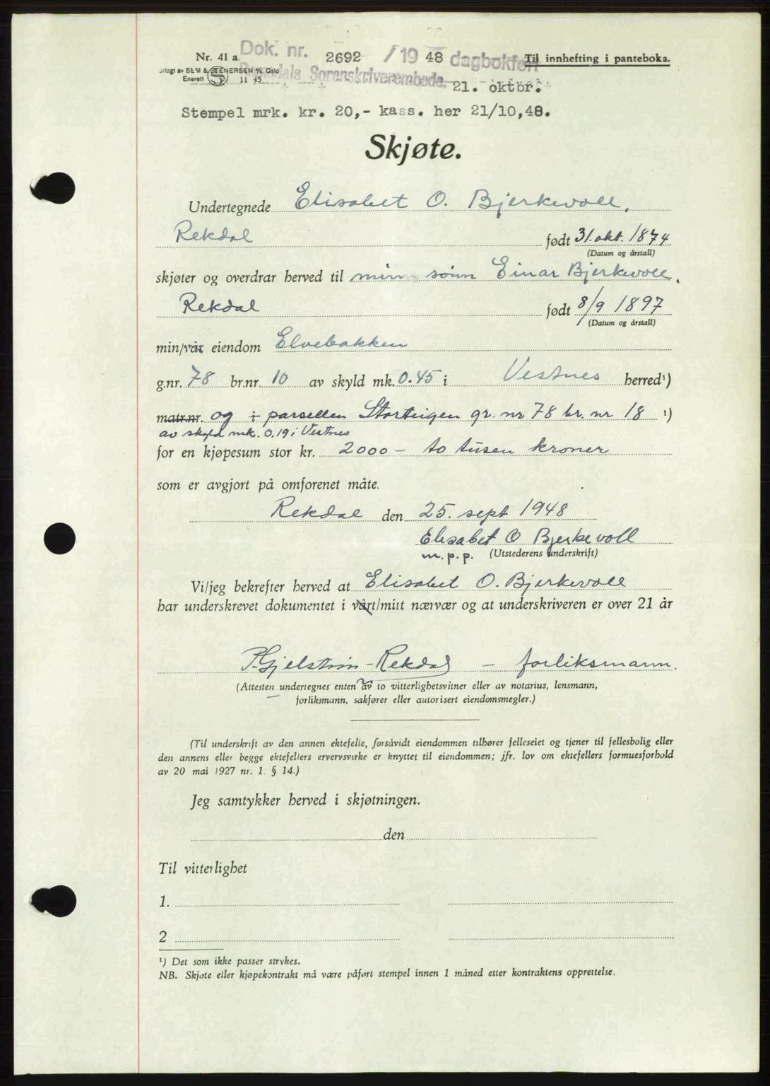 Romsdal sorenskriveri, AV/SAT-A-4149/1/2/2C: Mortgage book no. A27, 1948-1948, Diary no: : 2692/1948