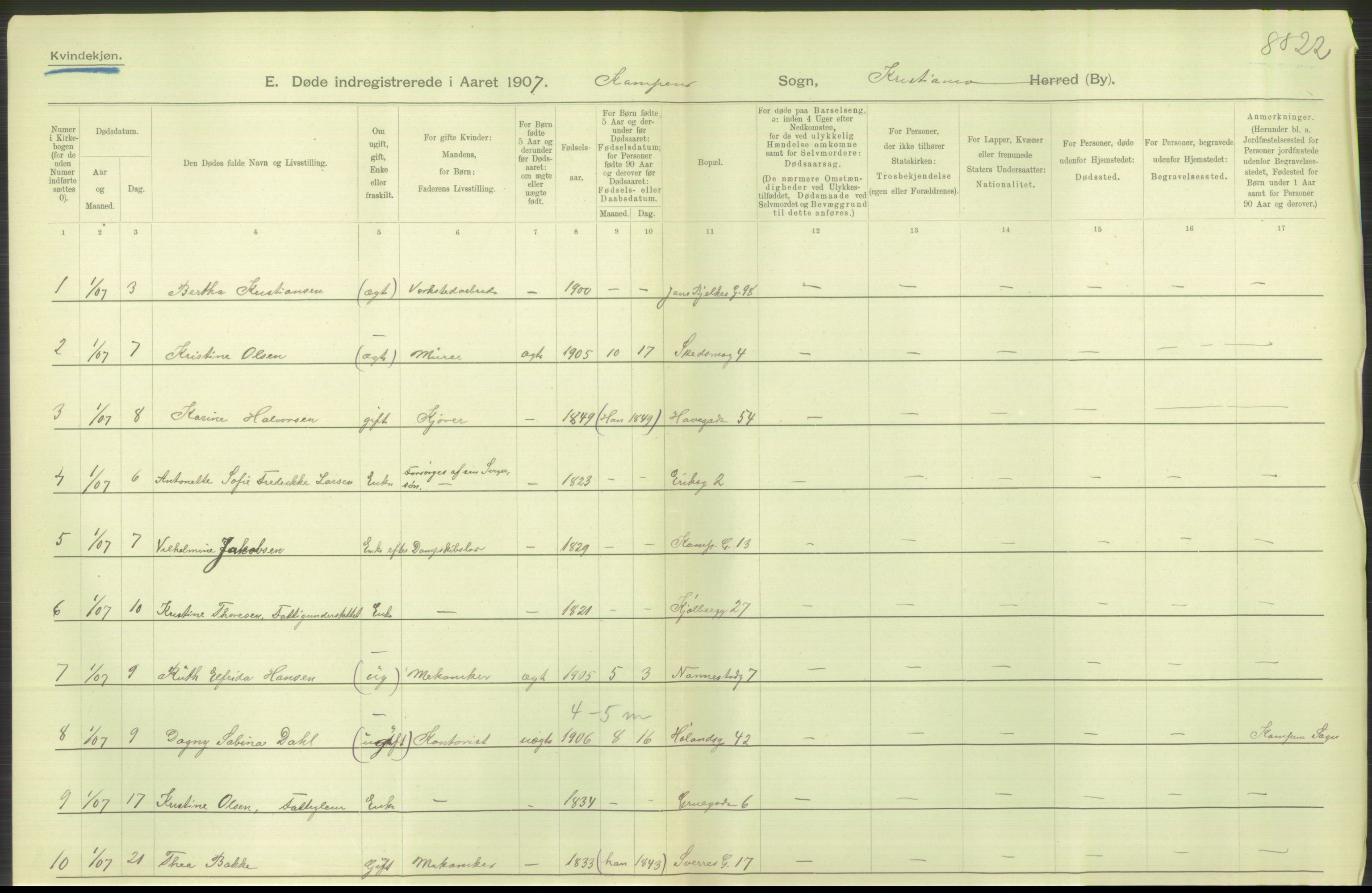 Statistisk sentralbyrå, Sosiodemografiske emner, Befolkning, RA/S-2228/D/Df/Dfa/Dfae/L0009: Kristiania: Døde, 1907, p. 496