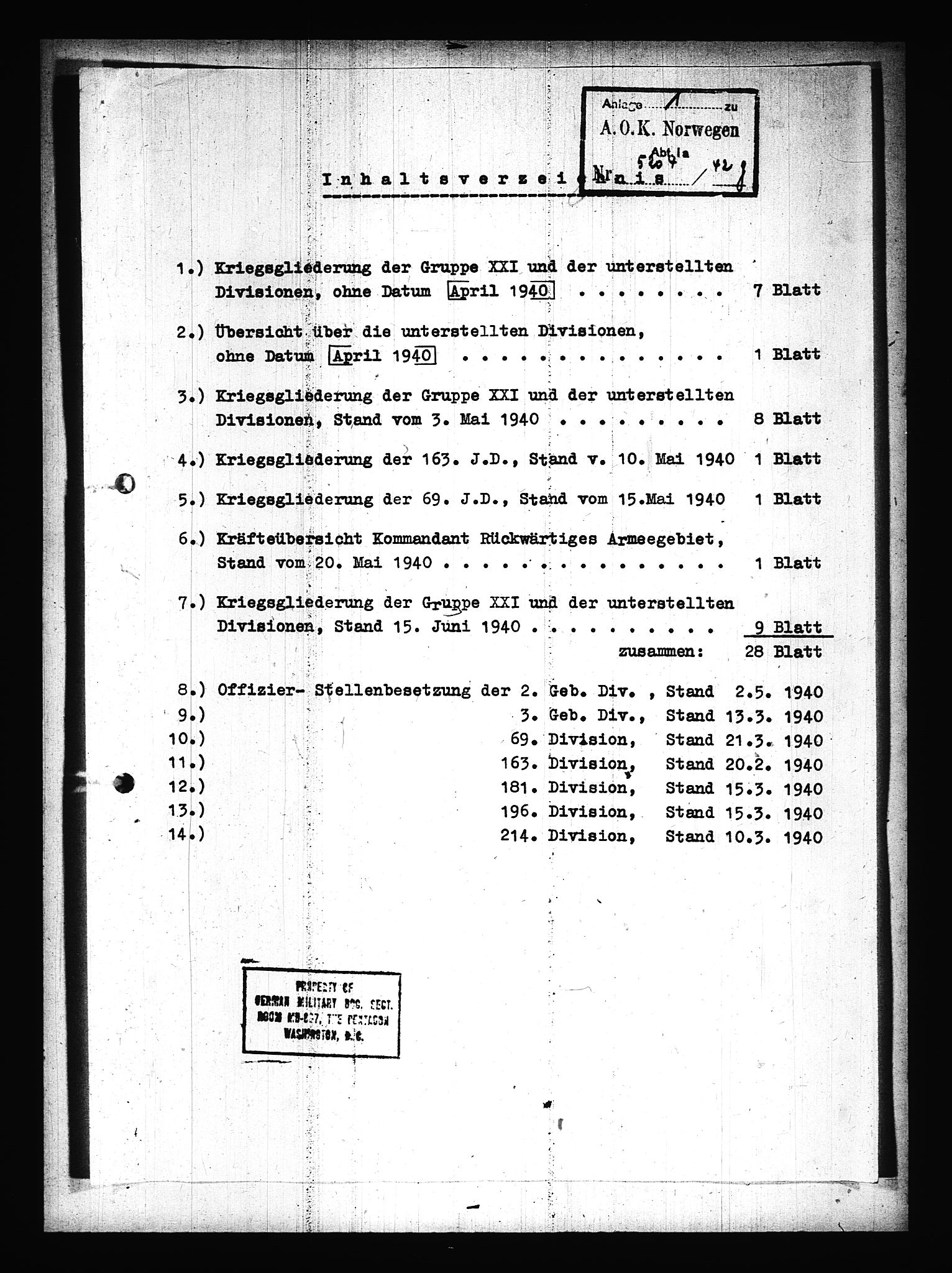 Documents Section, AV/RA-RAFA-2200/V/L0075: Amerikansk mikrofilm "Captured German Documents".
Box No. 714.  FKA jnr. 615/1954., 1940, p. 36