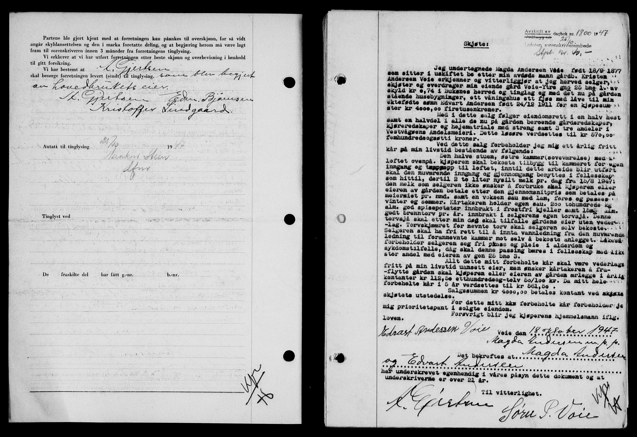 Lofoten sorenskriveri, SAT/A-0017/1/2/2C/L0017a: Mortgage book no. 17a, 1947-1948, Diary no: : 1800/1947