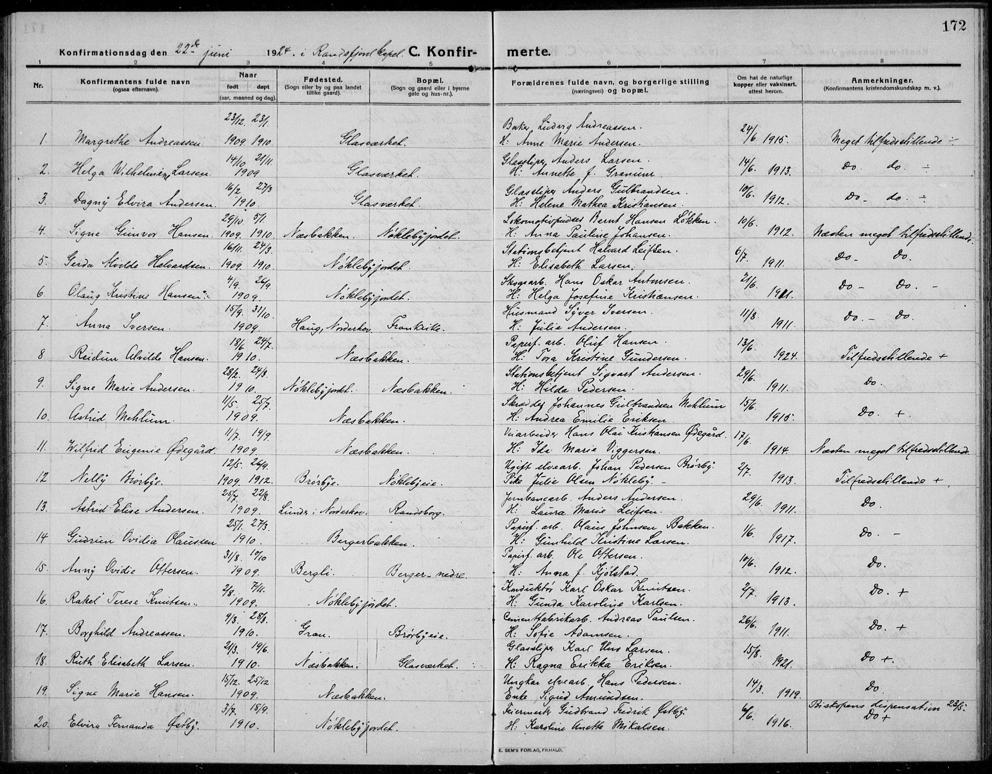Jevnaker prestekontor, AV/SAH-PREST-116/H/Ha/Haa/L0012: Parish register (official) no. 12, 1914-1924, p. 172