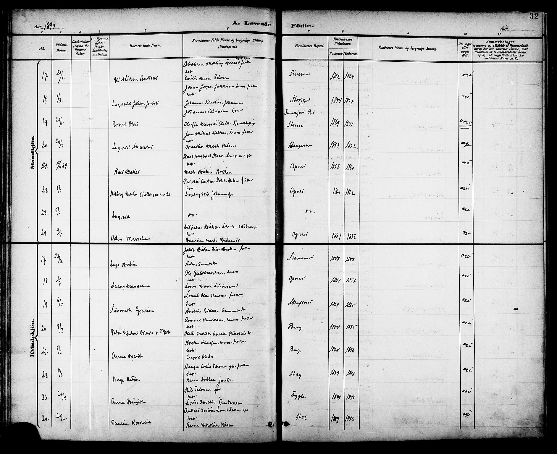 Ministerialprotokoller, klokkerbøker og fødselsregistre - Nordland, AV/SAT-A-1459/882/L1179: Parish register (official) no. 882A01, 1886-1898, p. 32