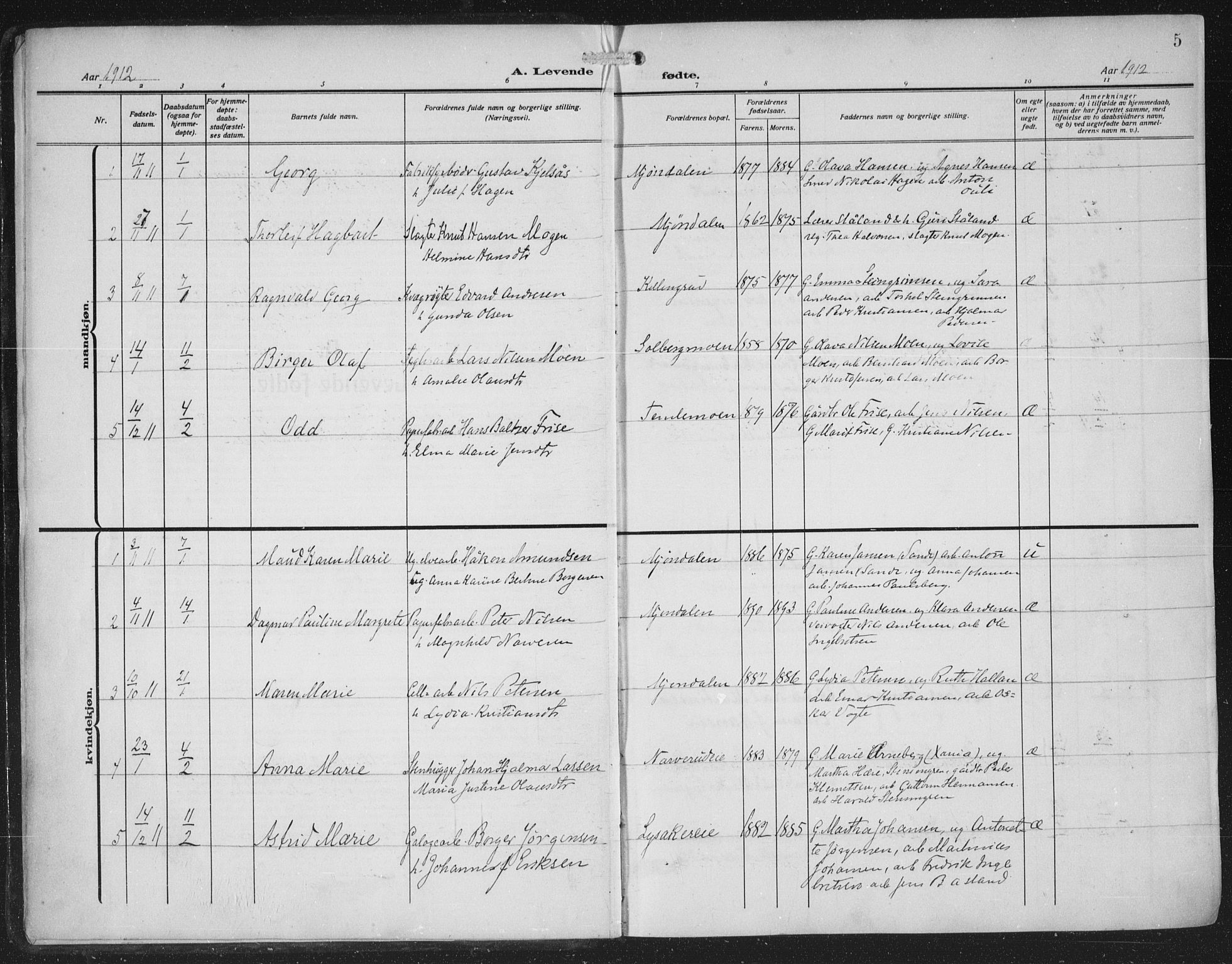 Nedre Eiker kirkebøker, SAKO/A-612/F/Fa/L0007: Parish register (official) no. 7, 1912-1918, p. 5